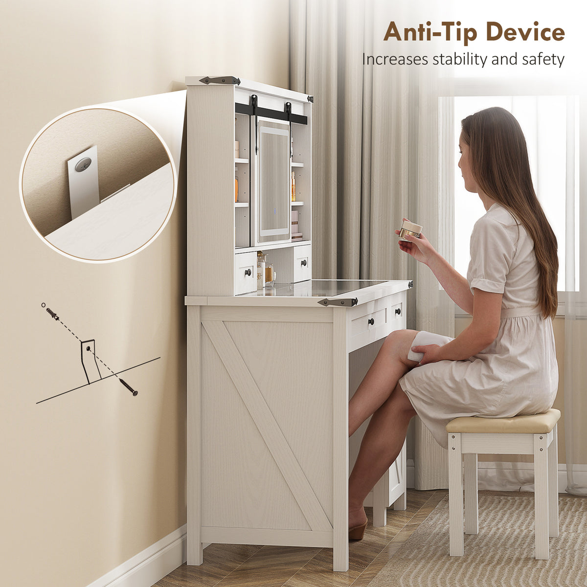 Vanity Desk Set with Mirror and Lights, Cushioned Stool, Storage Drawer, Cabinet, Shelves for Bedroom, White