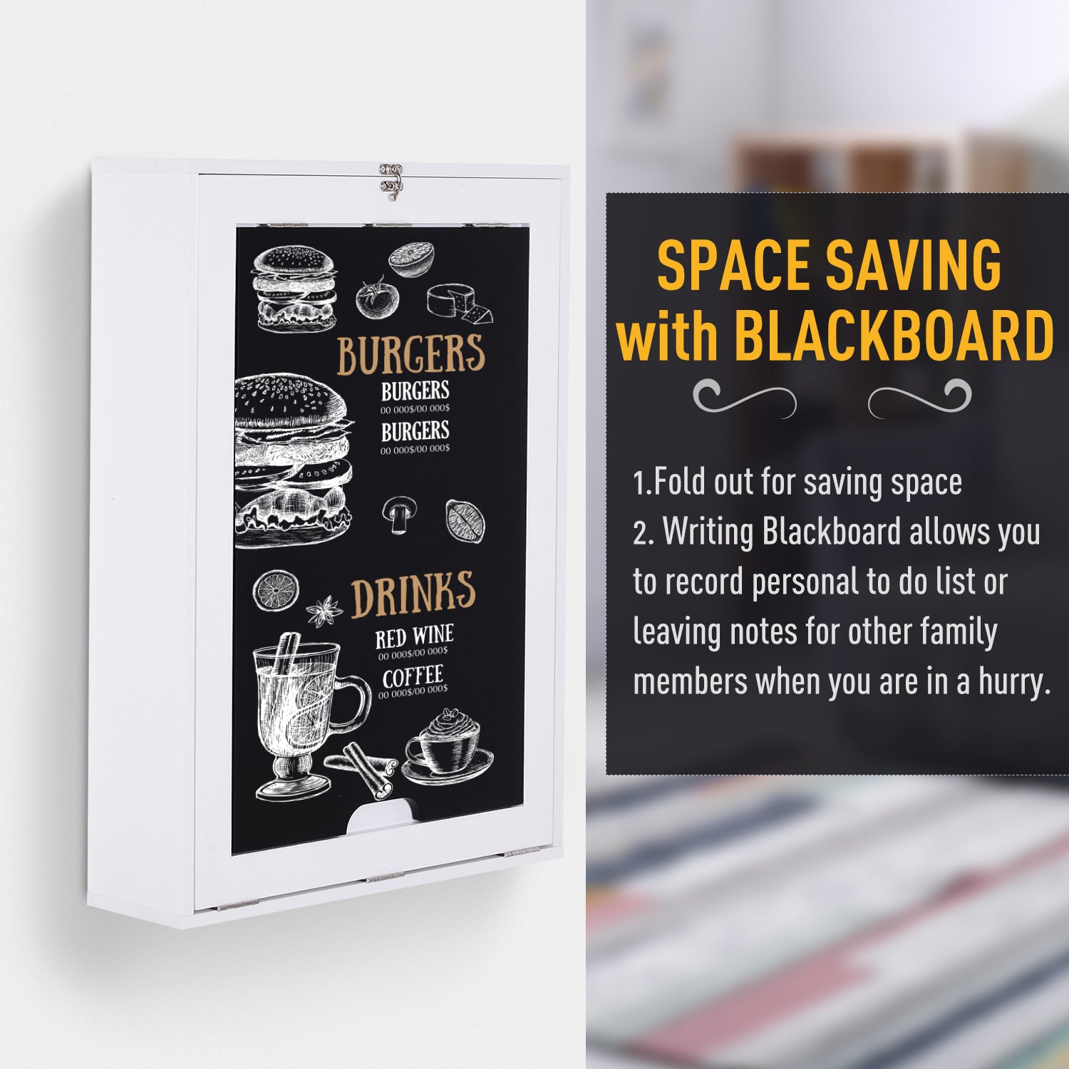 Wall Mounted Foldable Desk with a Blackboard, Fold Out Convertible Floating Desk with Shelves, White