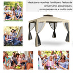 9.6' x 11.6' Patio Gazebo Outdoor Canopy Shelter with 2-Tier Roof and Netting, Steel Frame for Garden, Taupe