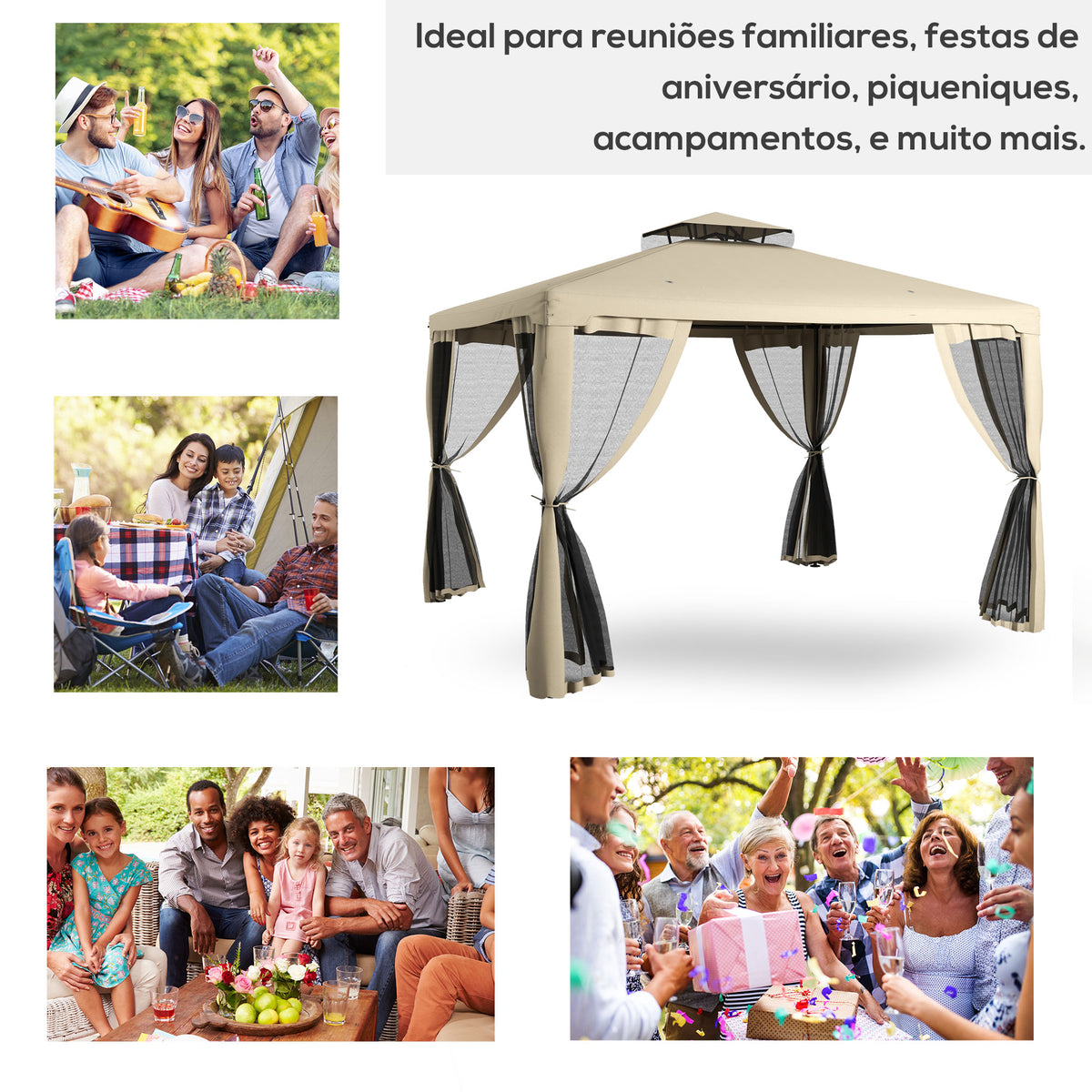 9.6' x 11.6' Patio Gazebo Outdoor Canopy Shelter with 2-Tier Roof and Netting, Steel Frame for Garden, Taupe