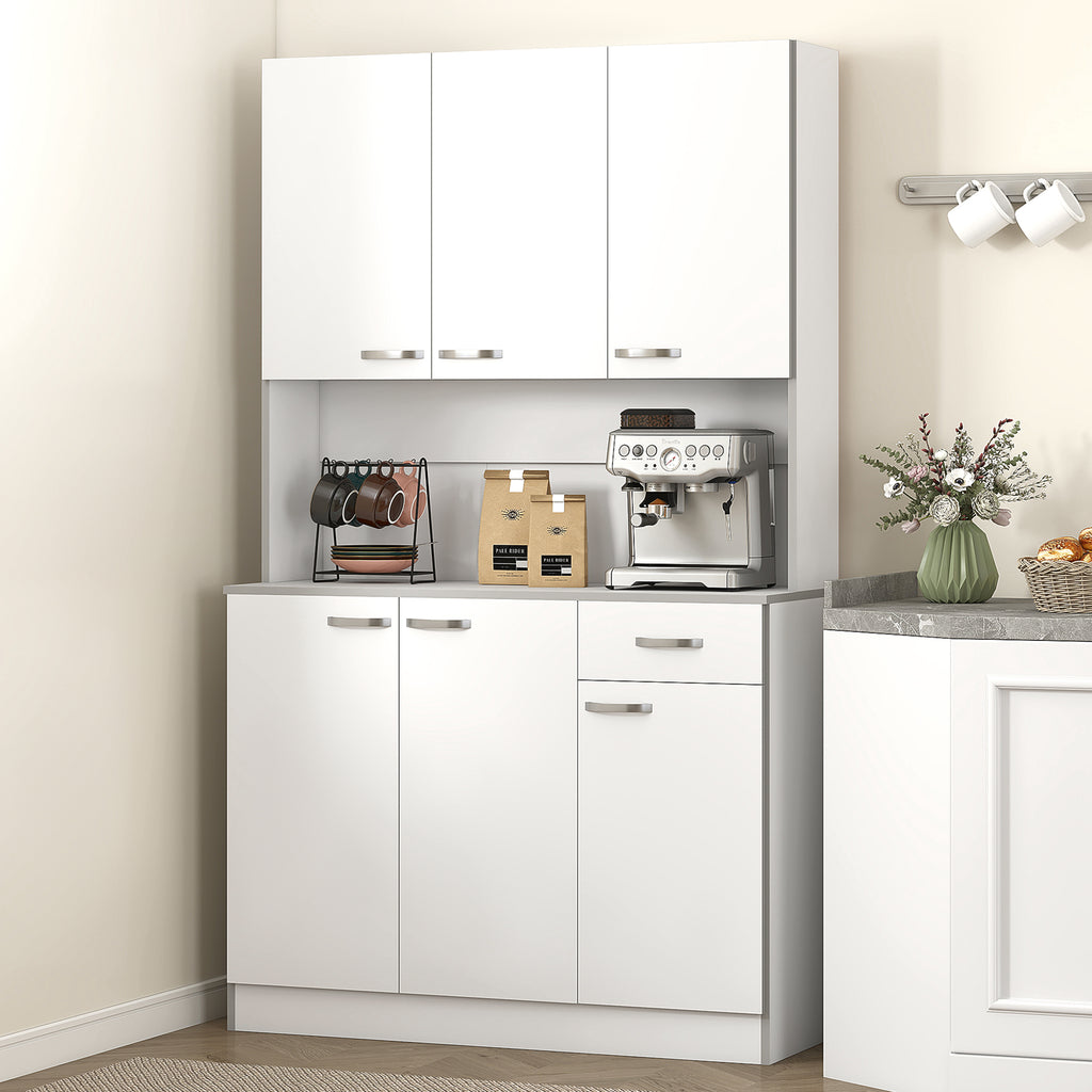 71" Kitchen Pantry Cabinet, Tall Storage Cabinet with Microwave Stand, Modern Kitchen Hutch with Countertop, 6 Doors, Storage Drawer, 3 Adjustable Shelves for Living Room, Dining Room, White