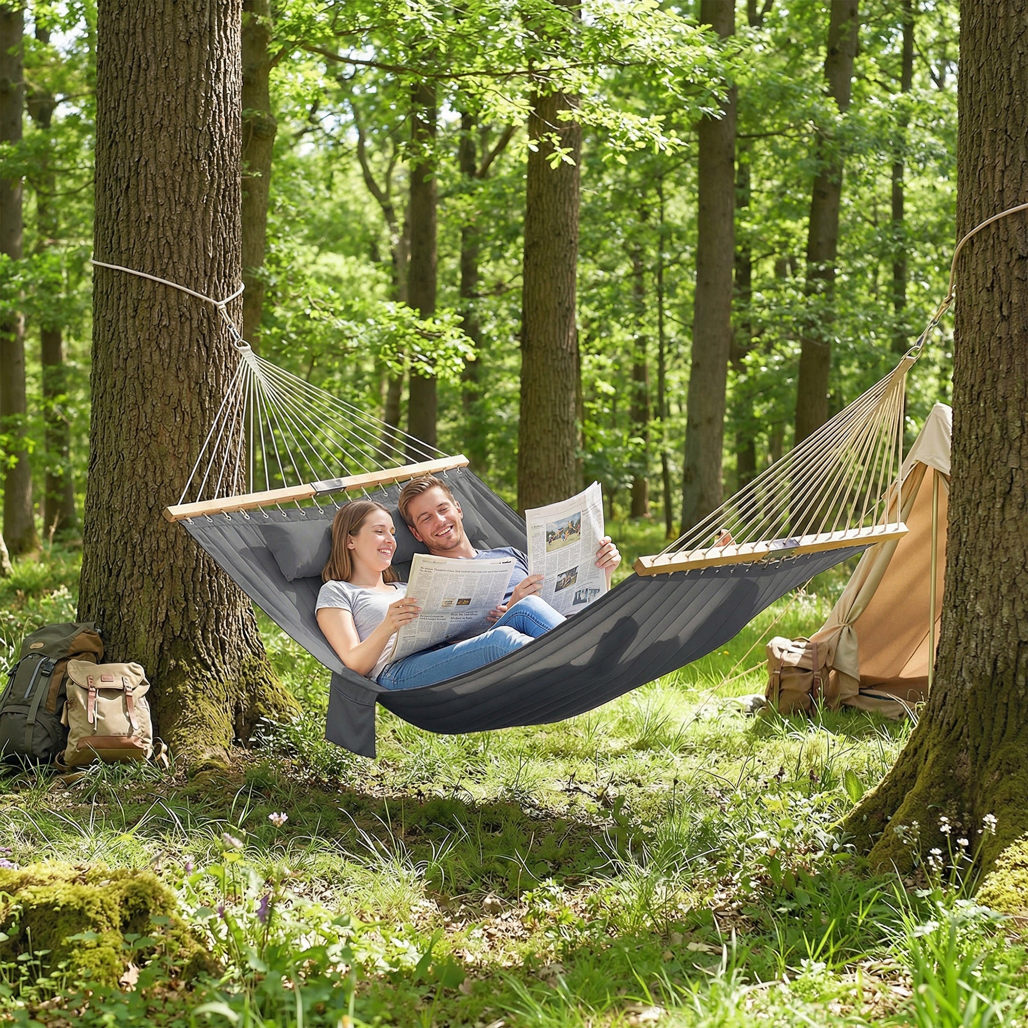 Outdoor Hammock 2-Person, with Pillow & Pad, 440 lbs Capacity, Gray