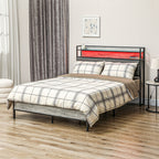 Full Bed Frame with Storage Upholstered Headboard, Full Size Bed Frame with LED Lights, Charging Station, Cement Gray
