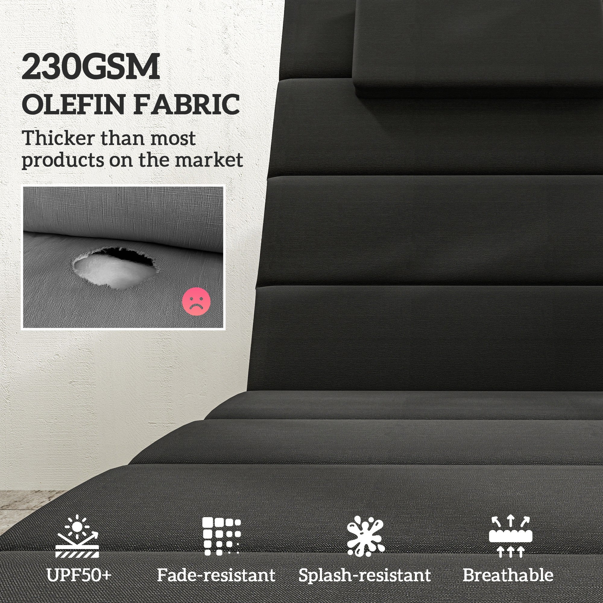 Foldable Chaise Lounge Cushion Set of 2, Outdoor Lounge Chair Cushion Set, UPF50+ 230gsm Olefin, 80" x 26" Black