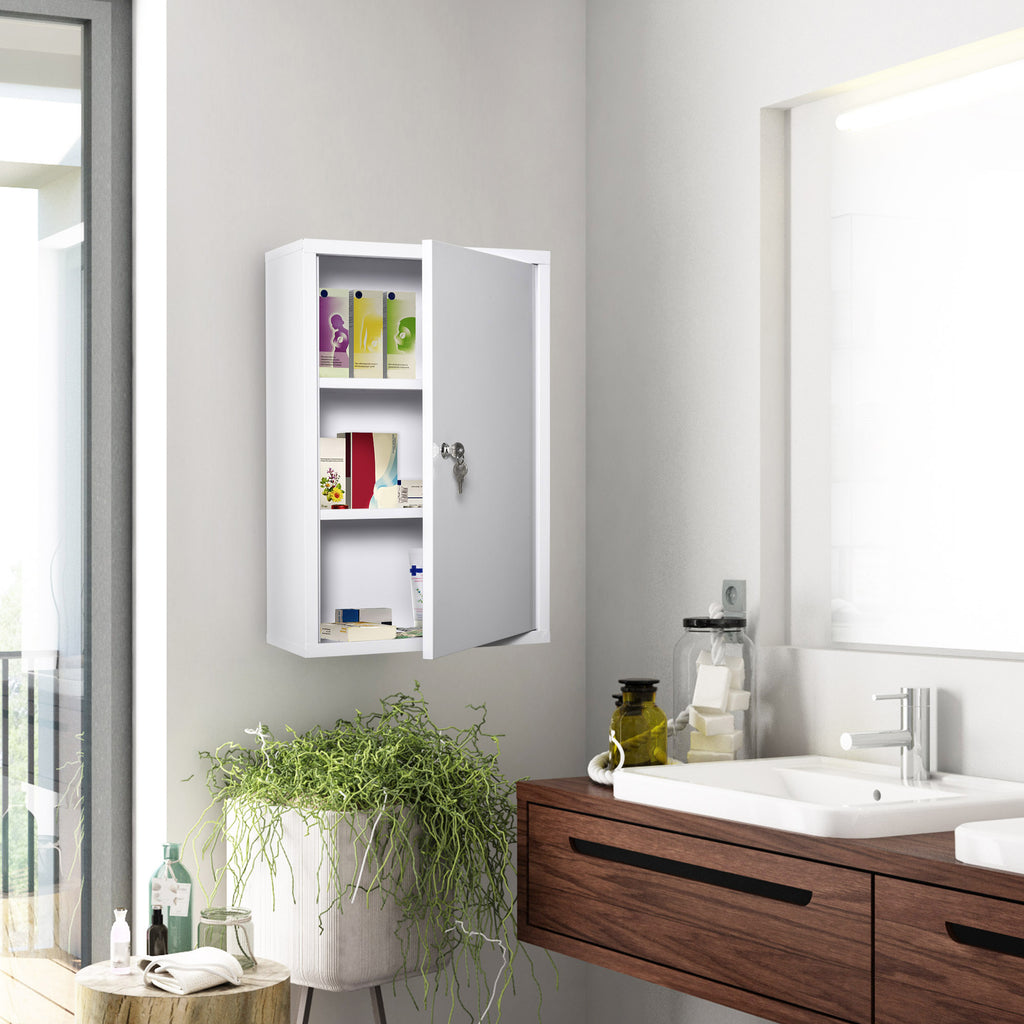 Steel Wall Mount Medicine Cabinet 3 Tier Emergency Box for Bathroom Kitchen, Lockable with 2 Keys - White