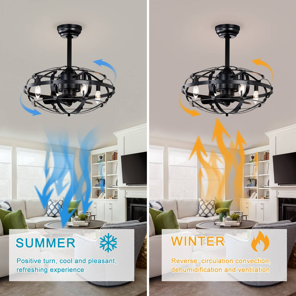 Industrial Bladeless Ceiling Fan with Lights, 18" Caged Design, Reversible Motor, Remote Control, Downrod Mount, E12 Standard Base, Matte Black