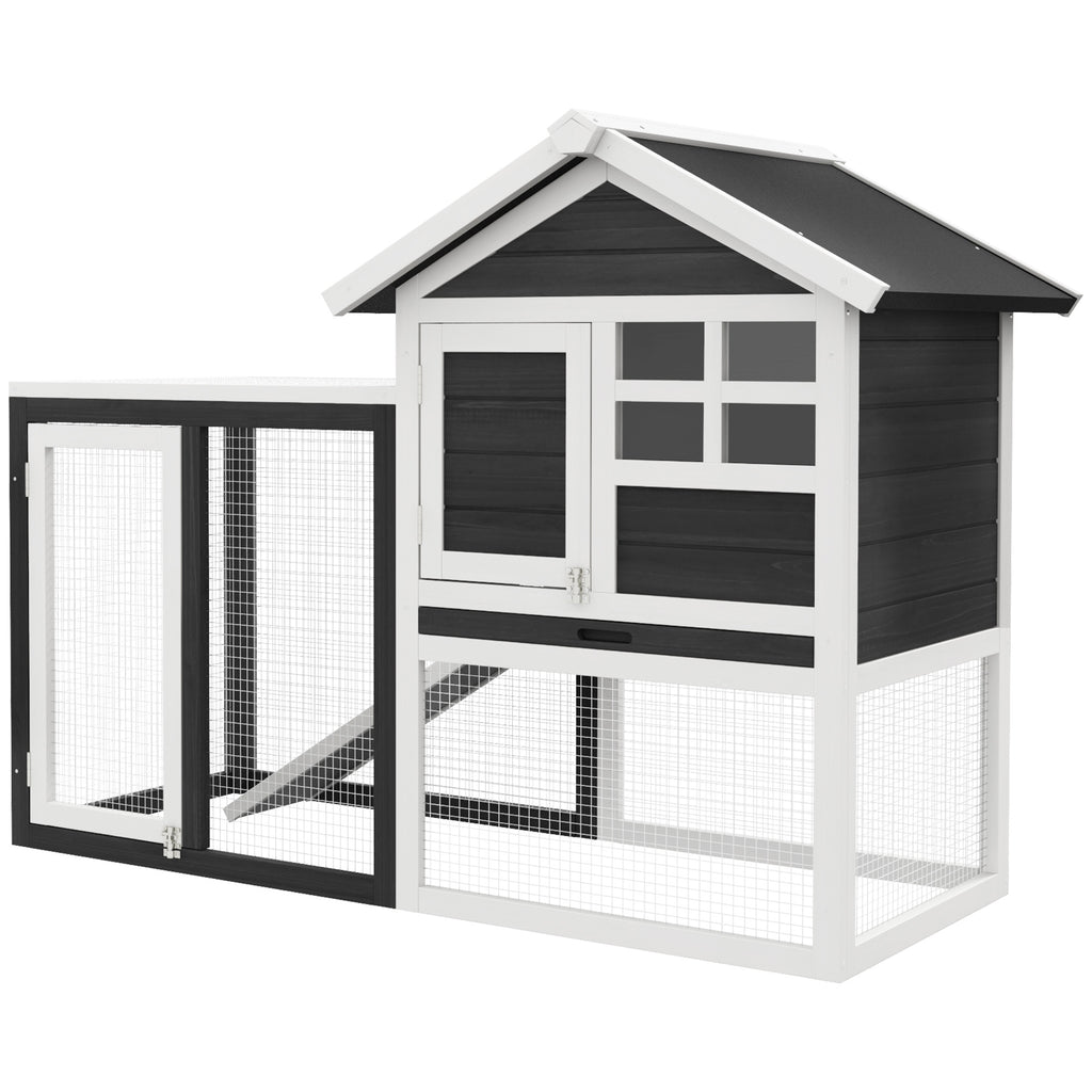 Indoor Rabbit Enclosure, 48" Weatherproof Wooden Rabbit Hutch, with Slanted Asphalt Roof & Fun Outdoor Run for Bunnies & Ferrets - Gray