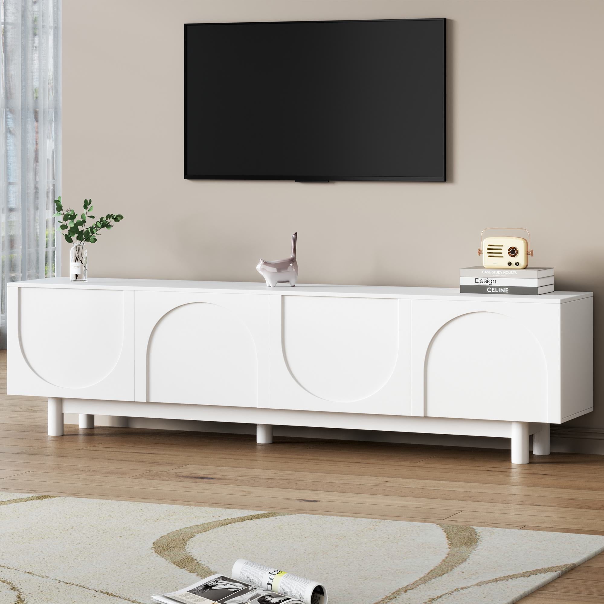 Graceful TV Stand with Arch Cabinets for TVs Up to 78", Minimalist Entertainment Center with Adjustable Shelves and Cable Management, White