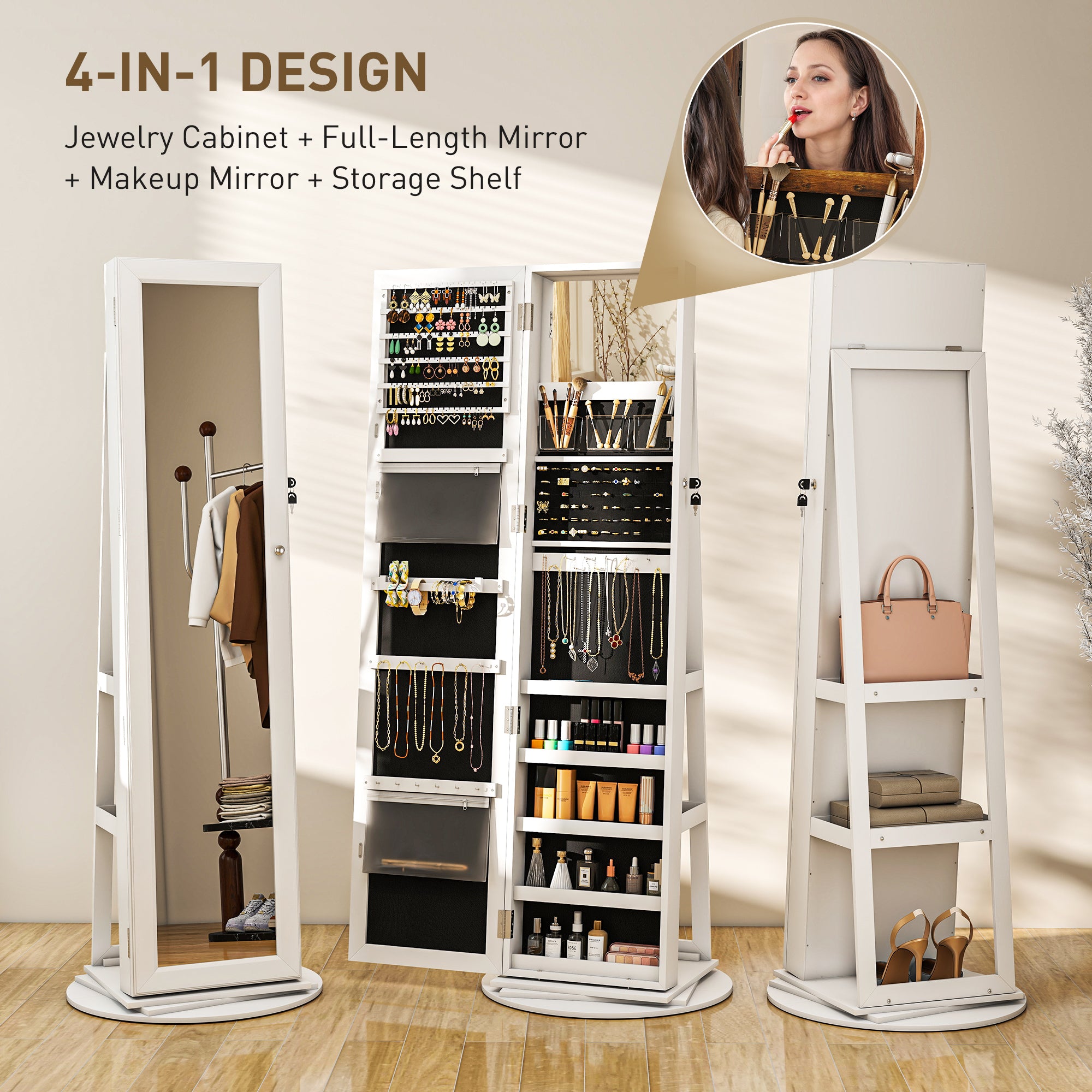 360° Swivel Jewelry Armoire, Lockable Jewelry Cabinet with Full-Length Mirror, Storage Shelves, White