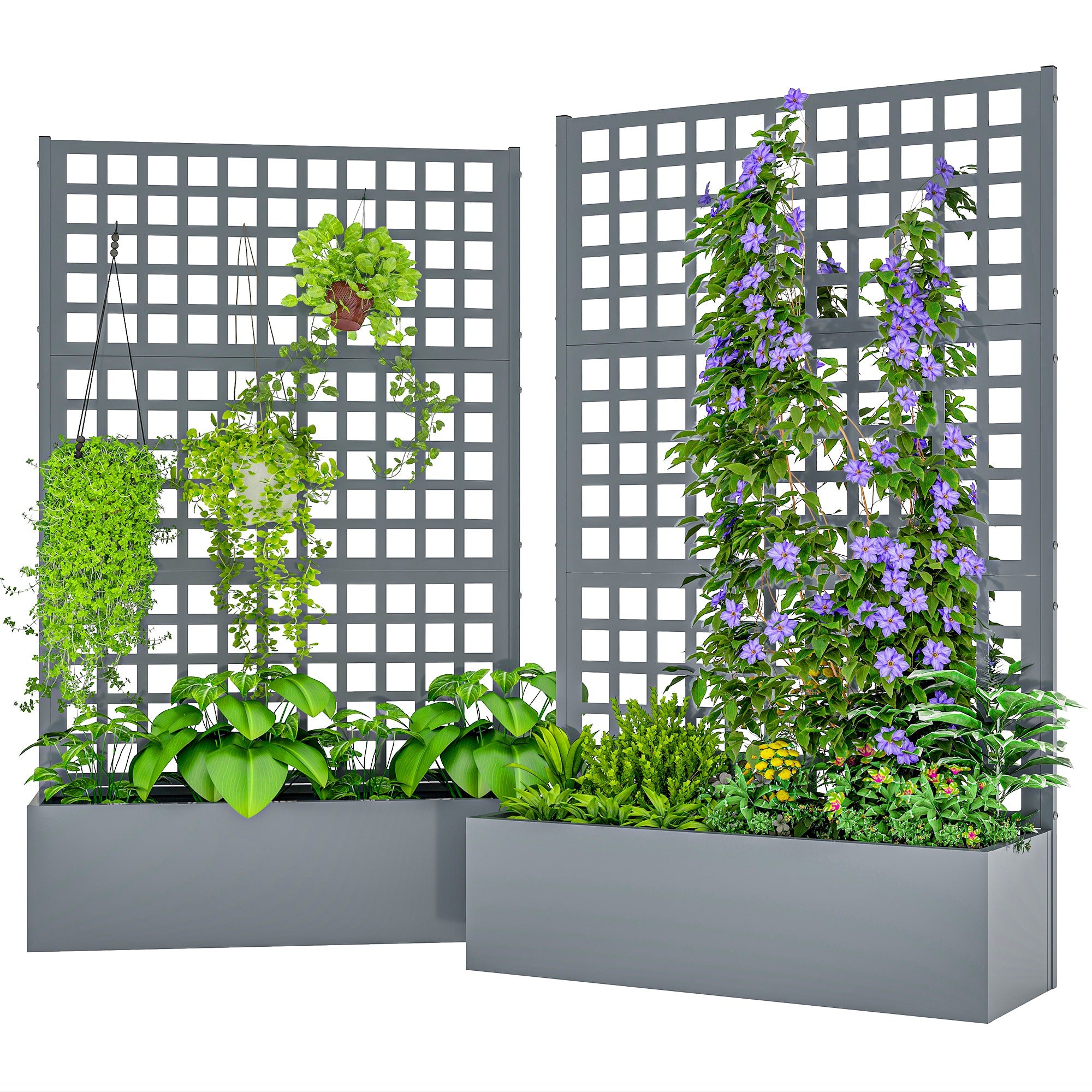 Galvanized Raised Garden Bed Planter Box with Trellis for Climbing Plants, Vegetable, Vines, 43" x 16" x 70", Gray