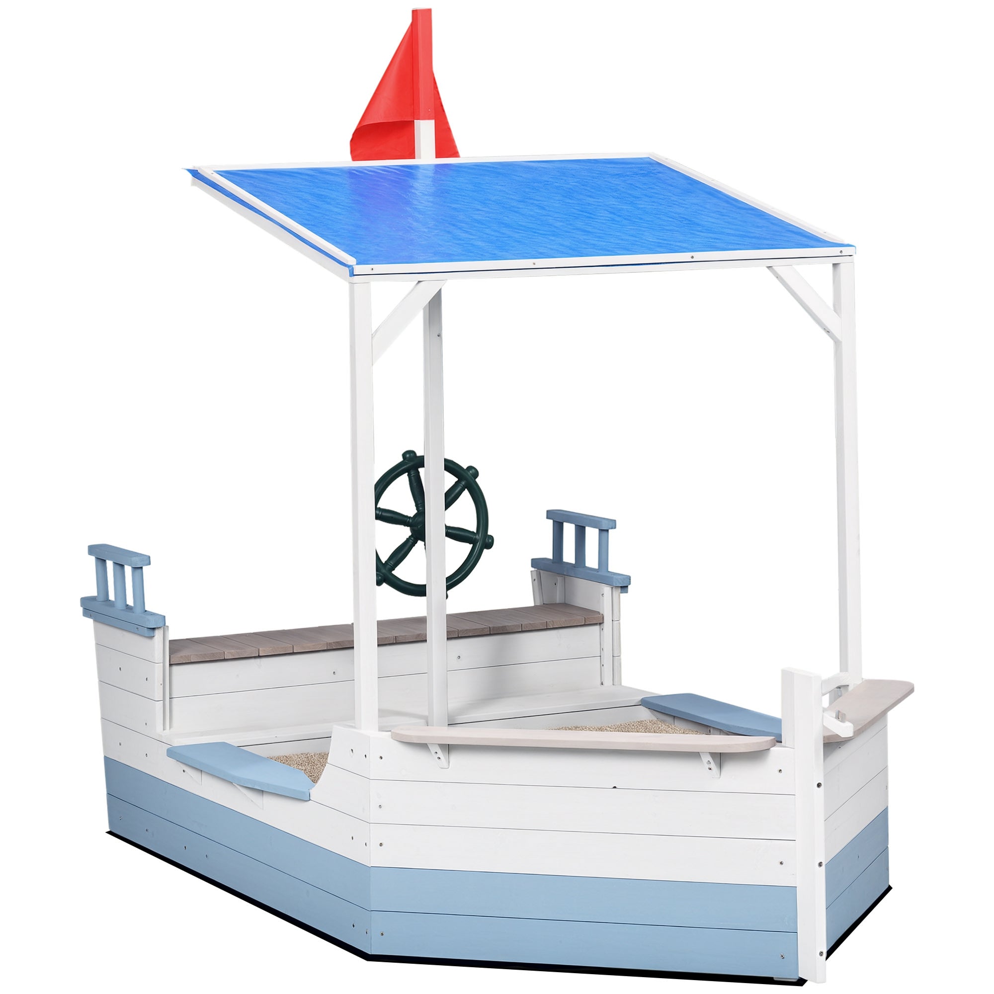 Kids Sandbox with Canopy, Pirate Ship Wooden Sand Boxes with Bench for Backyard, Sand Pit for Toddlers, 83" x 43", Blue