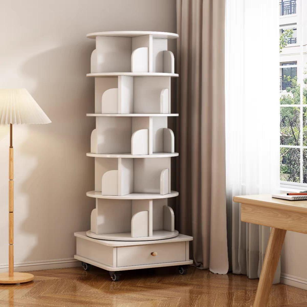 Rotating Bookshelf with Drawer and 360-Degree Display, Wood Narrow Book Shelf Organizer for Small Spaces, 18" L x 18" W x 69" H, White