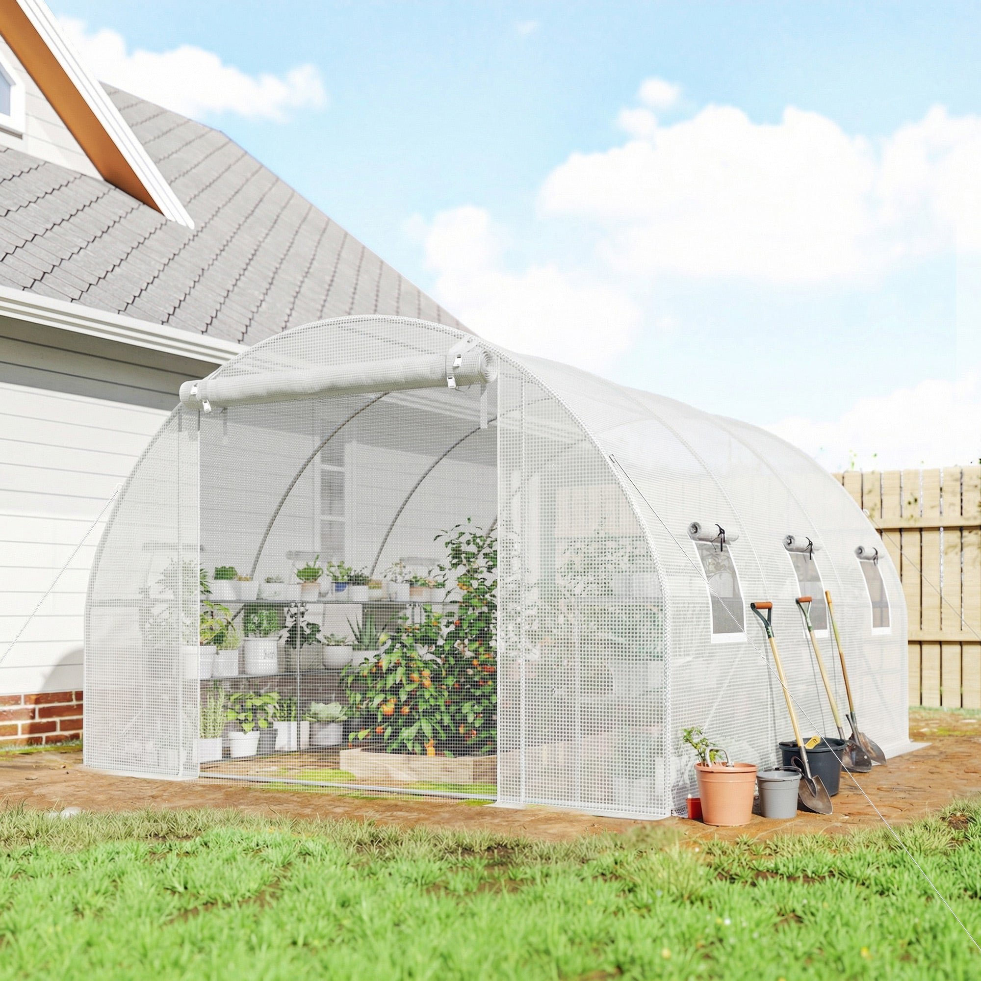 10'x11'x6' Walk-in Tunnel Greenhouse with Shelves, Mesh Door and Windows, Hoop House Greenhouse with PE Cover, White