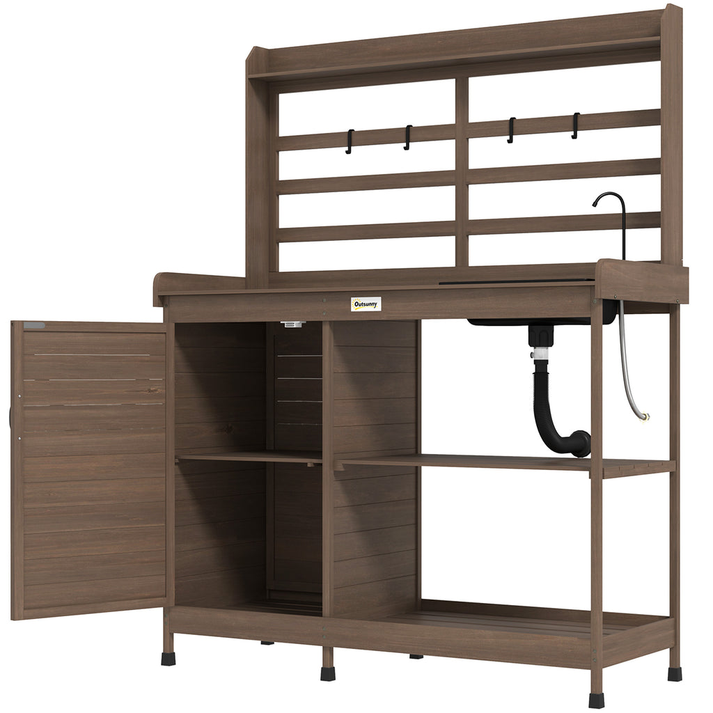 Wooden Potting Bench with Storage, Sink, Water Tap for Backyard, Patio, Balcony, Dark Brown