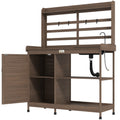 Wooden Potting Bench with Storage, Sink, Water Tap for Backyard, Patio, Balcony, Dark Brown
