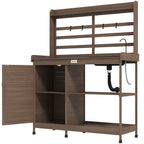 Wooden Potting Bench with Storage, Sink, Water Tap for Backyard, Patio, Balcony, Dark Brown