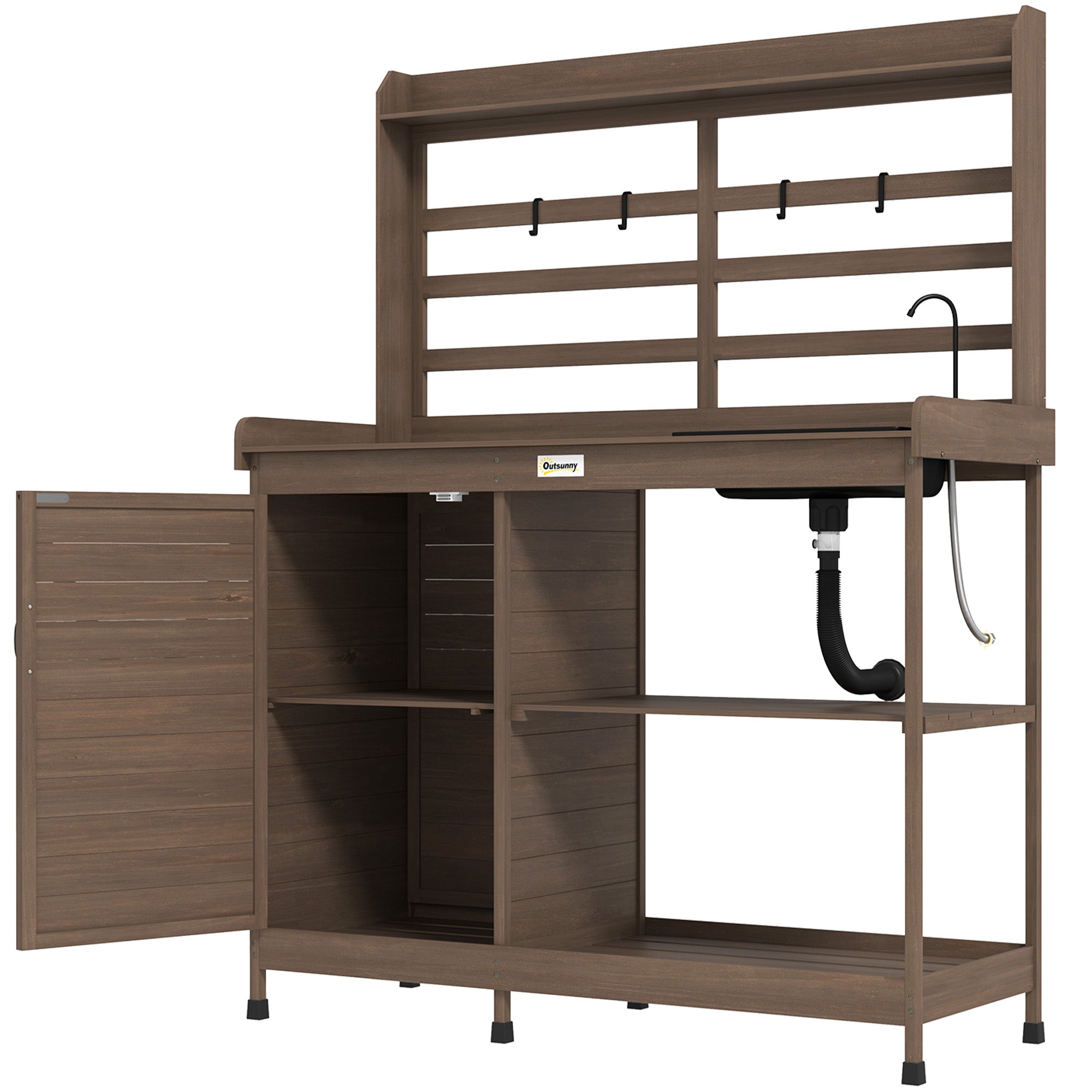 Wooden Potting Bench with Storage, Sink, Water Tap for Backyard, Patio, Balcony, Dark Brown