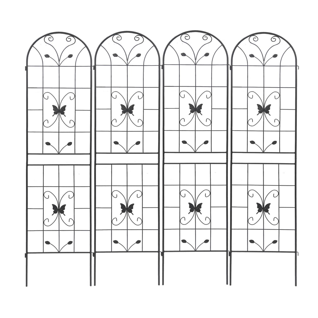 4 Pack Metal Garden Trellis with Butterfly Decoration and Powder Coated Iron, Extendable Design Rustproof Climbing Plant Support, Black