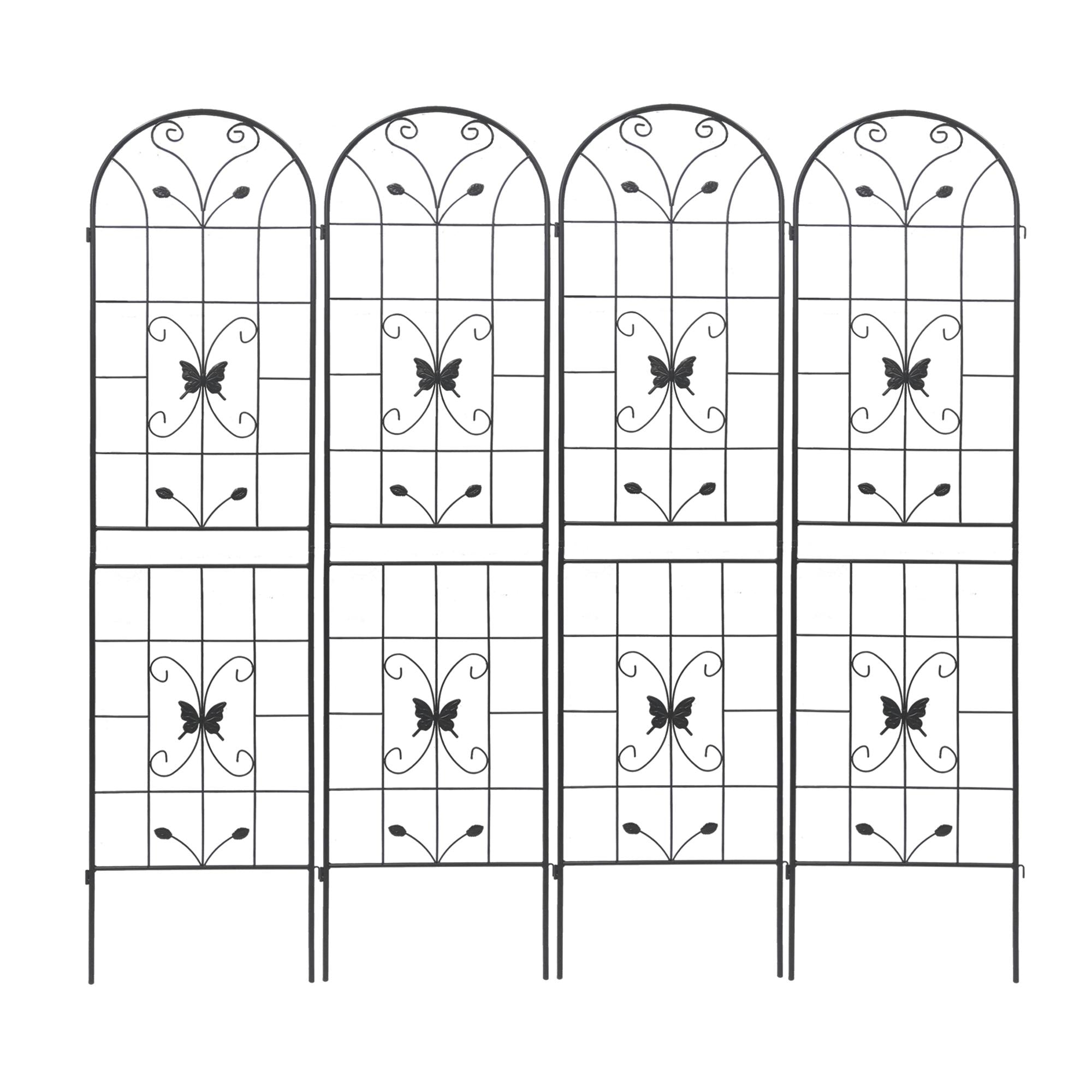 4 Pack Metal Garden Trellis with Butterfly Decoration and Powder Coated Iron, Extendable Design Rustproof Climbing Plant Support, Black
