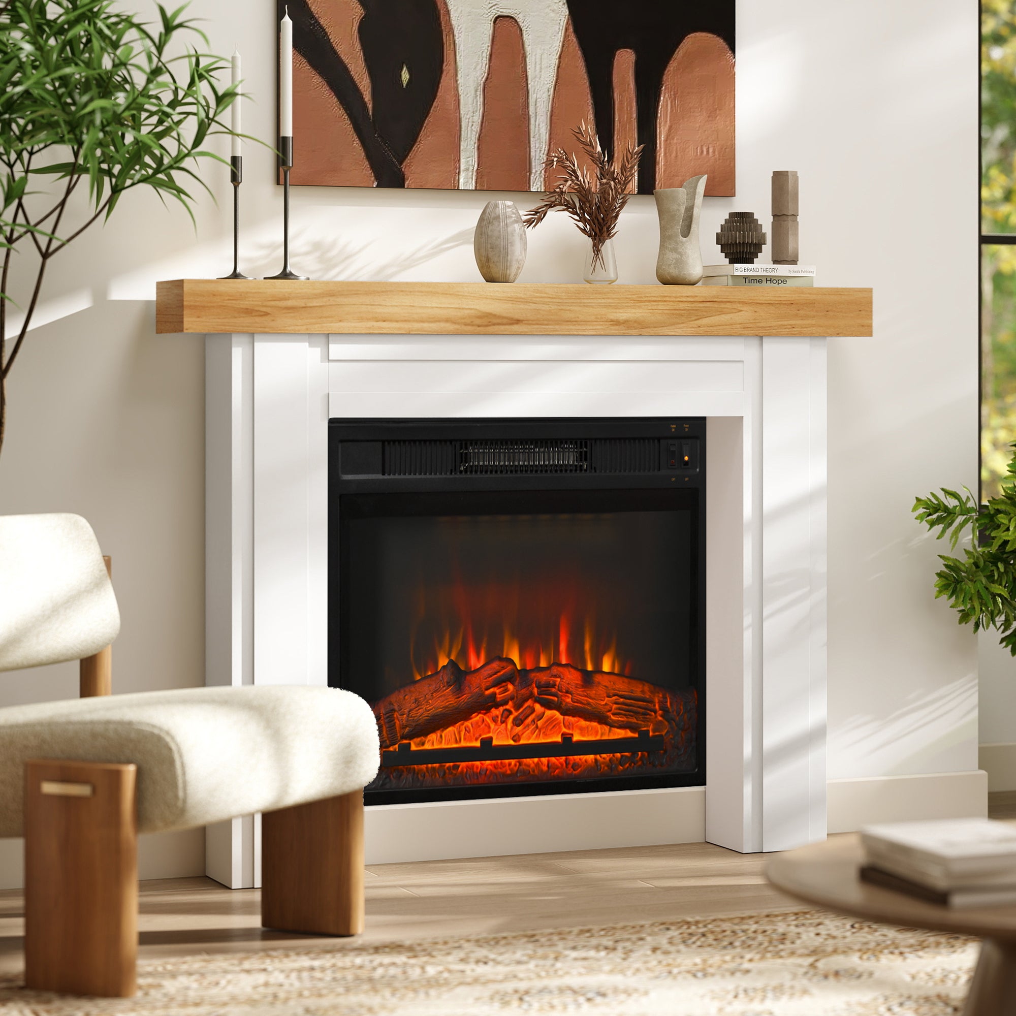 Modern Fireplace Mantel, Freestanding Fireplace Surround with Leg for Electric Fireplaces, 51.2" W x 40.6" H, Natural Wood
