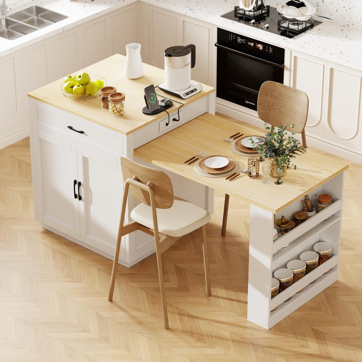 Kitchen Island with Extendable Table, Double-Sided Storage, Power Outlet, Adjustable Shelves, Lockable Wheels, 83" L x 27.5" W x 36" H, White Oak