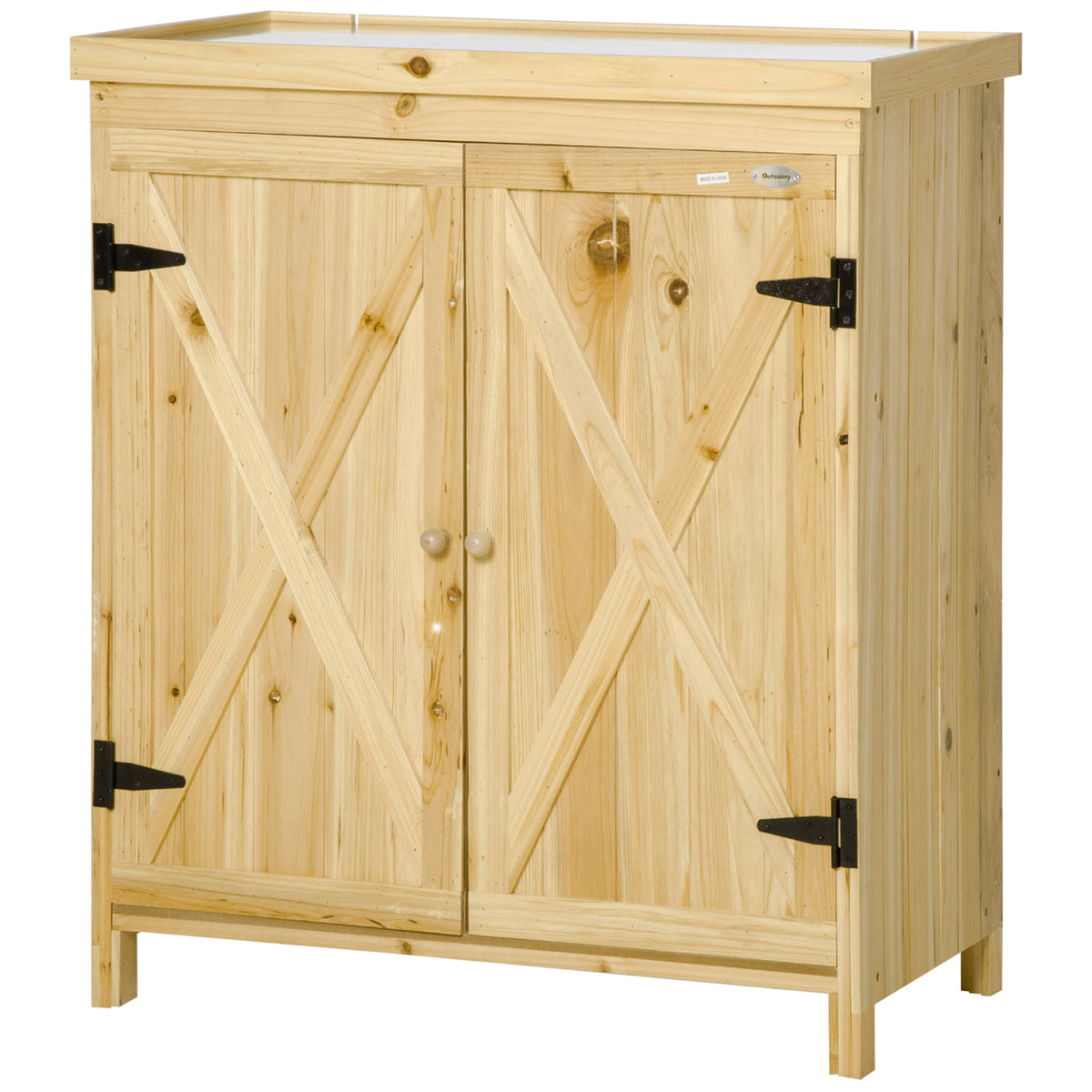 Garden Storage Cabinet, Outdoor Tool Shed with Galvanized Top and Two Shelves for Yard Tools or Pool Accessories, Natural