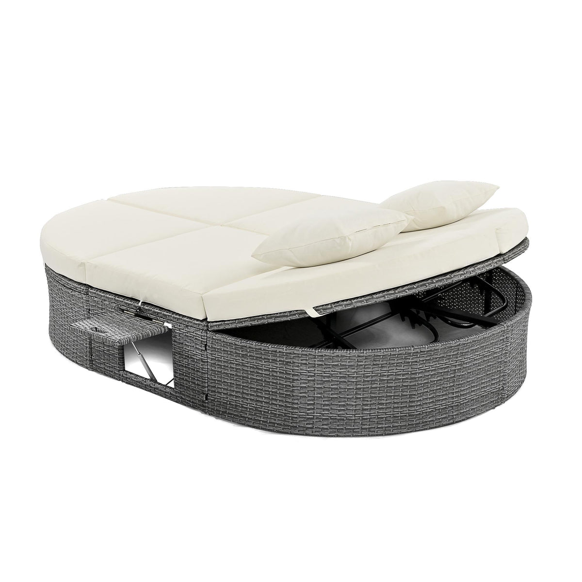 2-Person Patio Daybed with Adjustable Backrest & Cup Tray, Wicker Chaise Lounge with Thick Cushion, 78.5'' L x 55.5'' W x 16.5'' H, Beige
