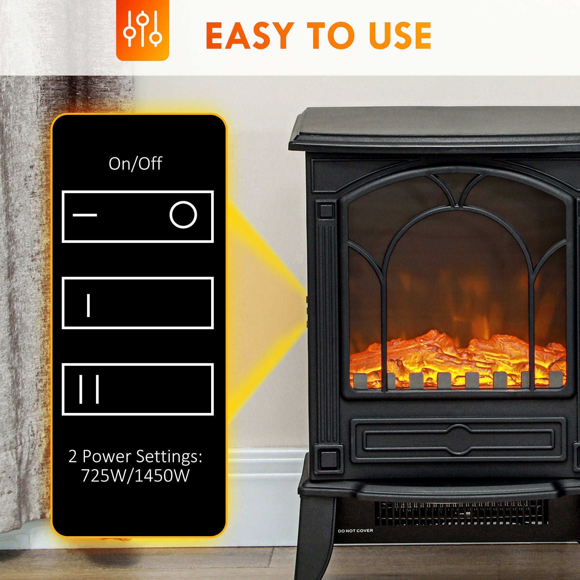 Electric Fireplace Heater, Freestanding Fireplace Stove with Realistic Flame Effect Overheat Protection 725W/1450W Black
