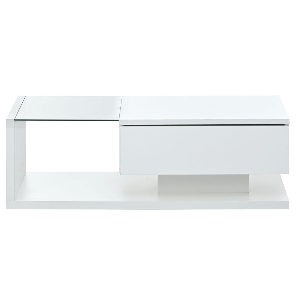 Modern Coffee Table with Tempered Glass, Wooden Cocktail Table with High-Gloss UV Surface, 2-Tier Rectangle Center Table for Living Room, White