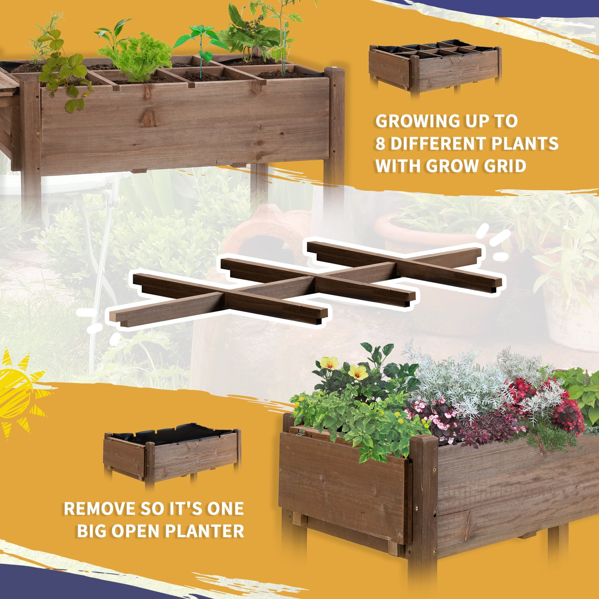 Wooden Garden Box, 34.25H with 8 Pockets and Lockable Wheels, Foldable Side Clapboard, Elevated and Self-Draining Design, to Grow Herbs, Vegetables, and Flowers, Brown