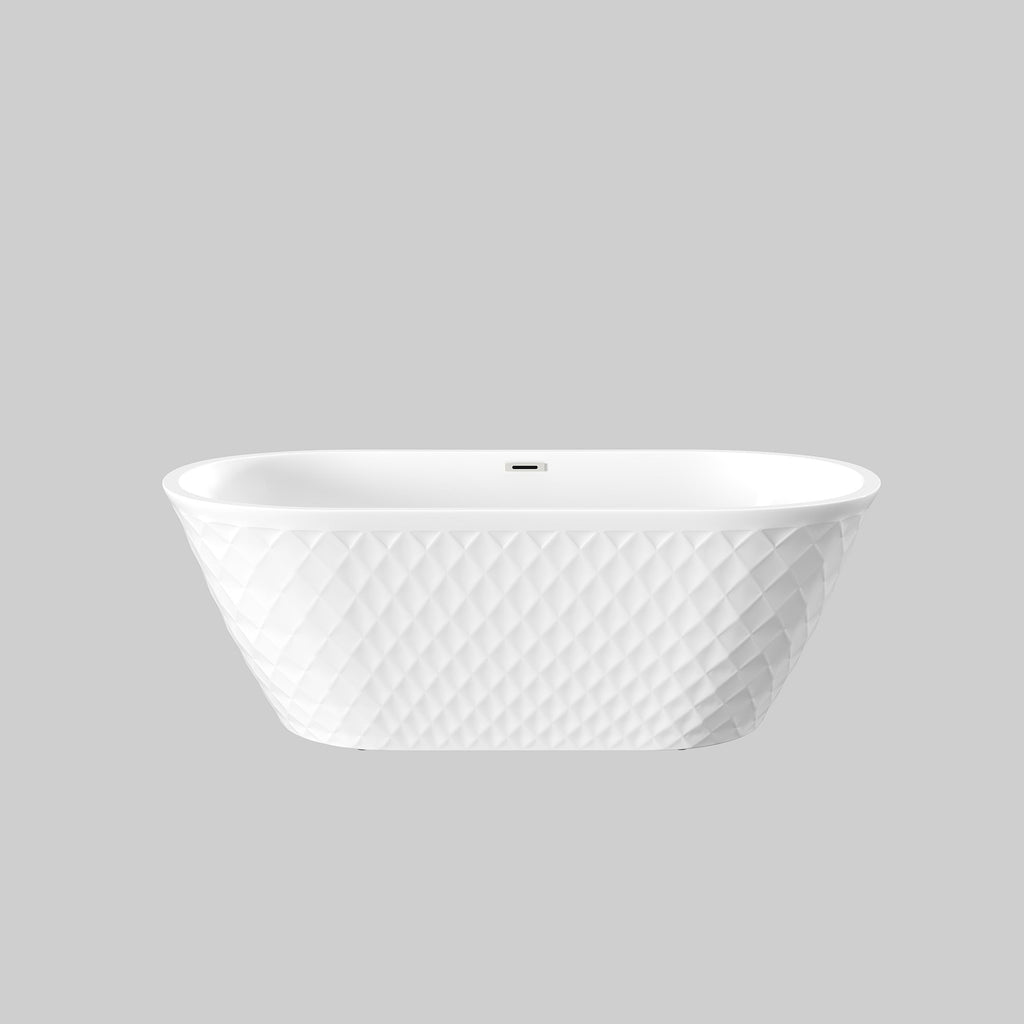 59" Acrylic Freestanding Bathtub with Unique Diamond-Pattern Exterior, Oval Soaking Tub for Bathroom, 59" L x 29.5" W x 23" H, Gloss White