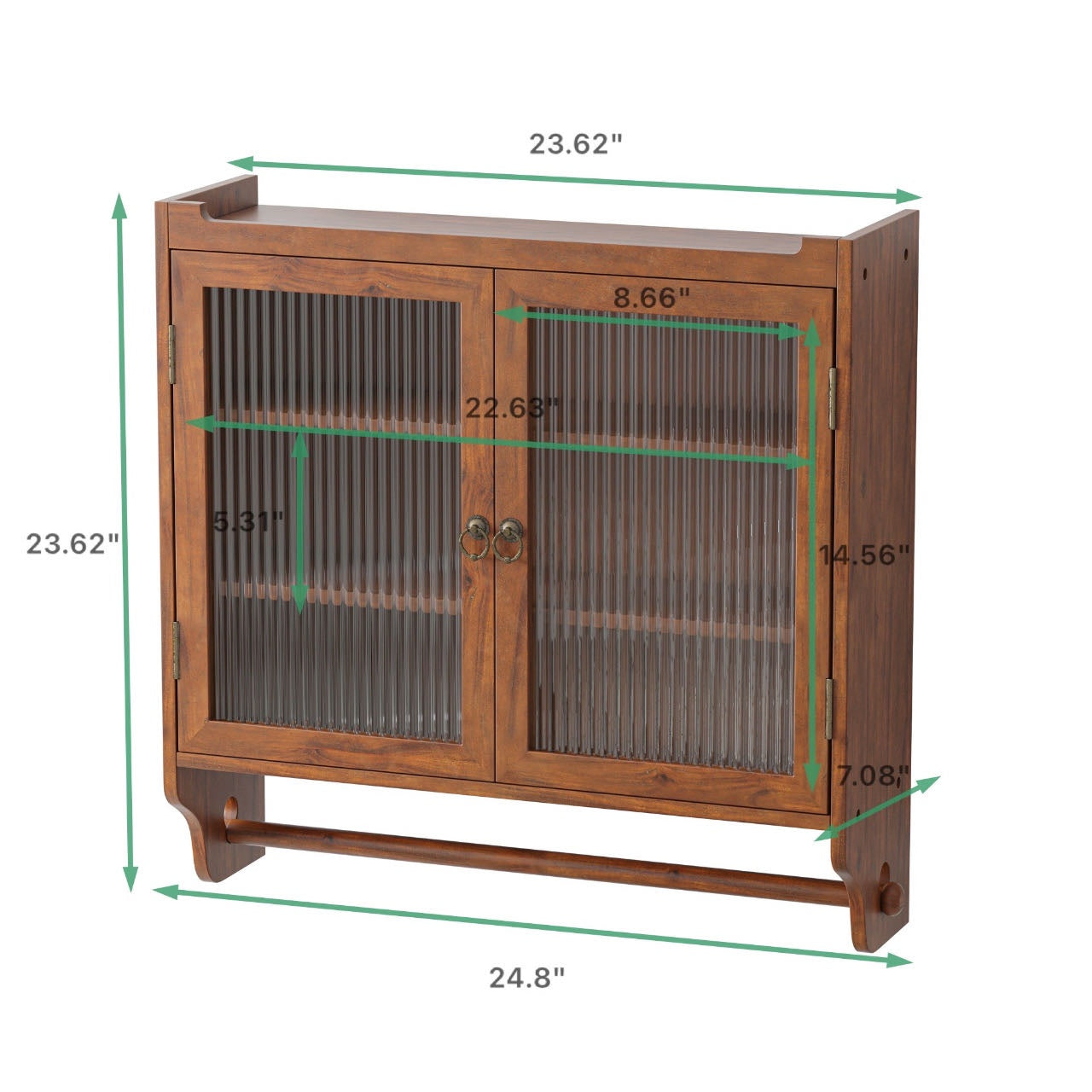 Vintage Double Door Wall Cabinet with Glass Doors, Three Tiers of Storage, and Towel Rack for Bathroom, Kitchen, Dining Room, 24.8", Brown