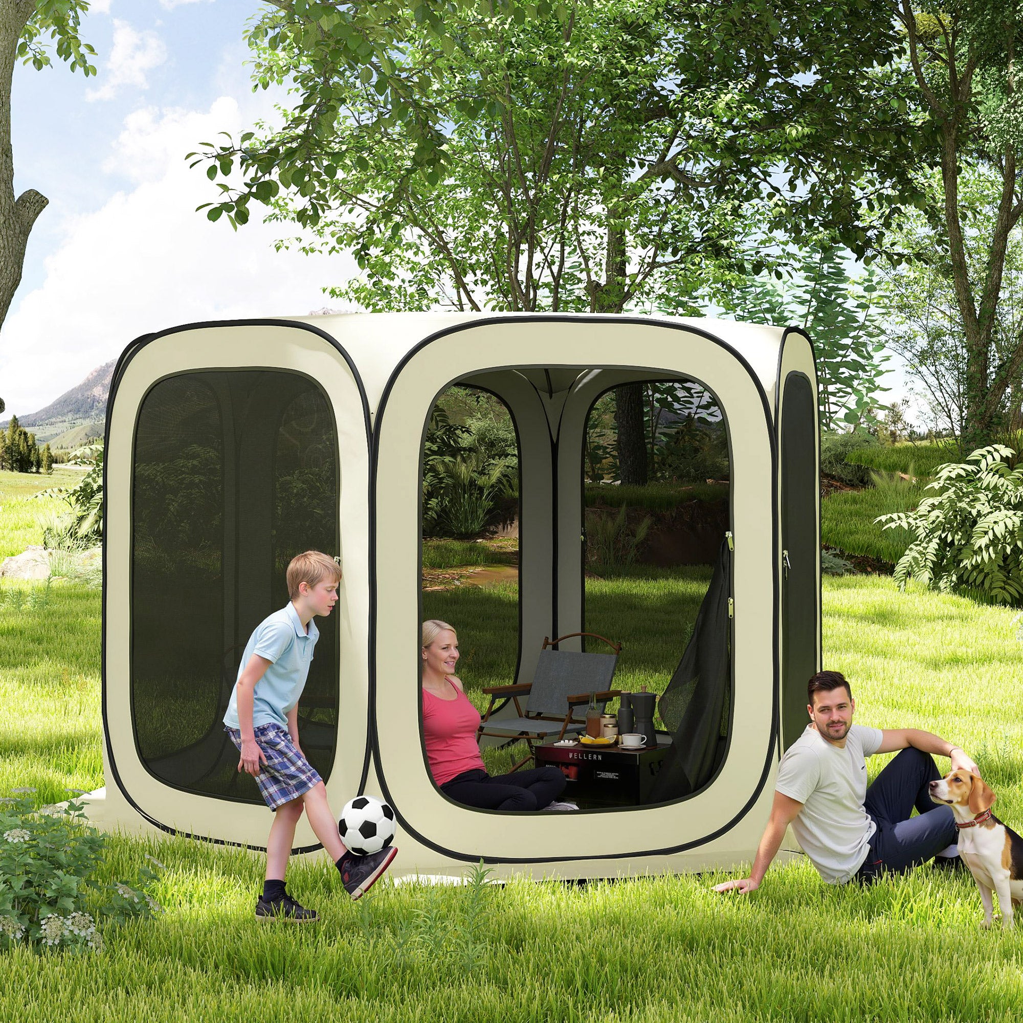 11 x 11ft Pop Up Screen Tent, UPF50+ Portable Camping Gazebo Screen House with Carry Bag, Beige