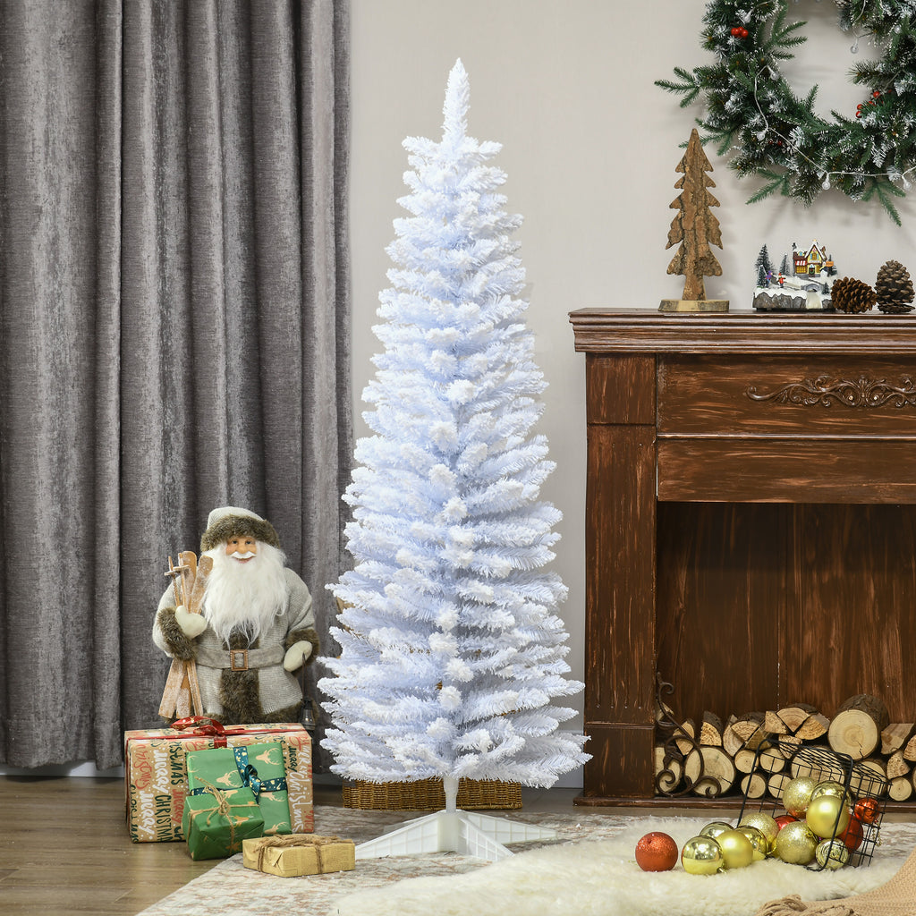 5' Decorated Christmas Tree Snow Flocked Artificial Christmas Tree with Pencil Shape, Realistic Branches, White