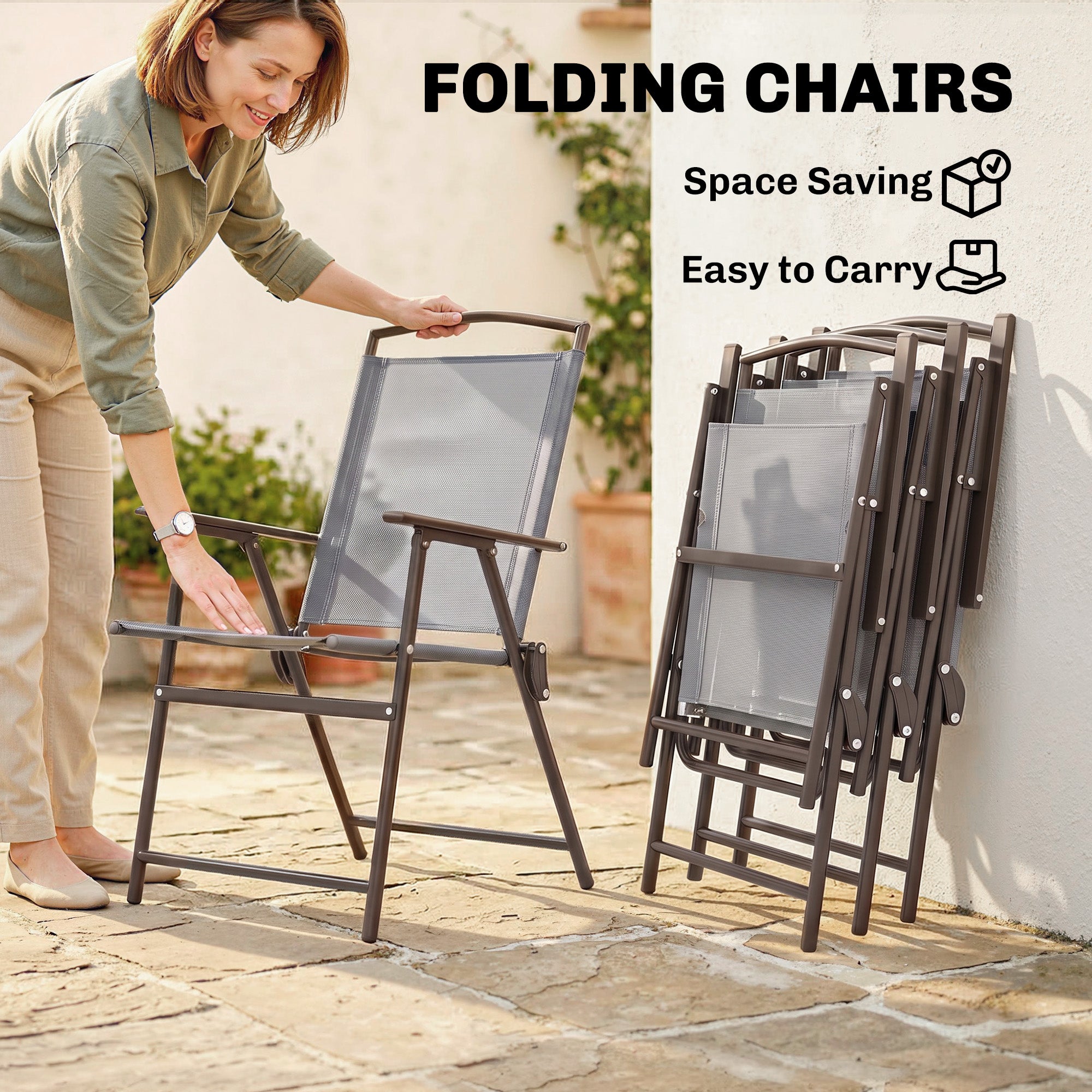 6 Piece Patio Dining Set for 4 with Umbrella, with 4 Folding Dining Chairs & Round Glass Table for Garden, Gray