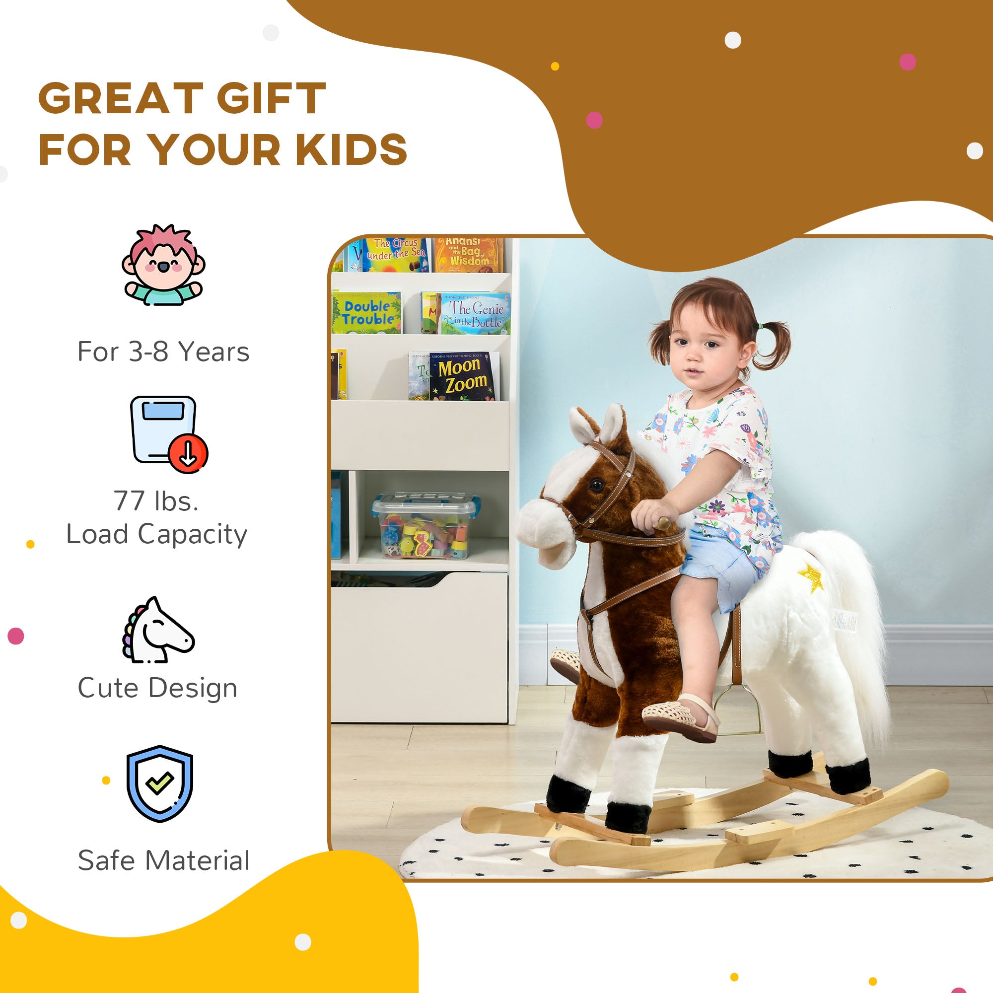 Rocking Horse with Sound, Ride on Horse with Saddle, Toddler Rocker, Gift for 3-8 Year Old, Brown