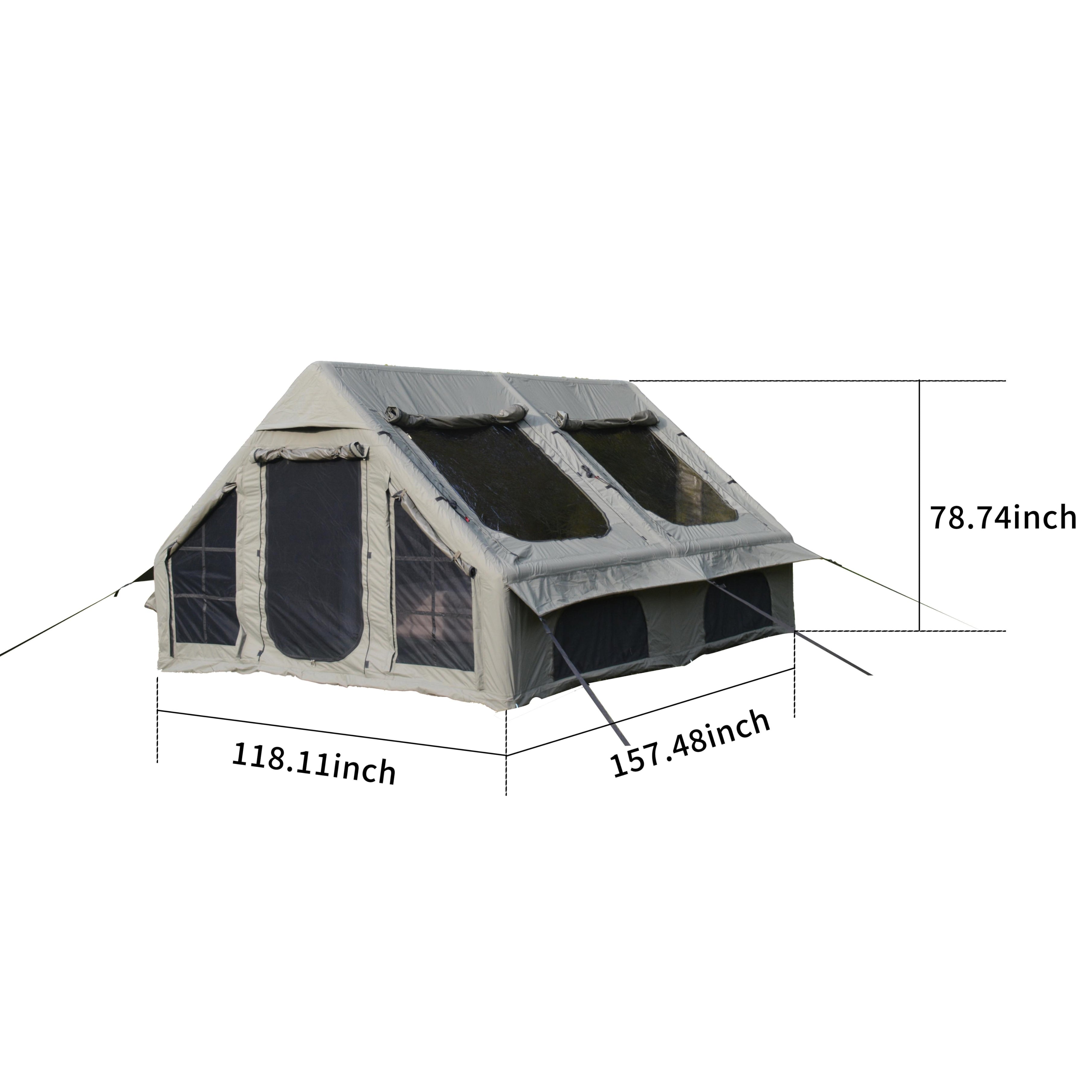 Inflatable Camping Tent with Hand Pump, Mesh and Chimney Window, Windproof Oxford Cabin Tent, 157.5" L x 118" W x 79" H, Army Green