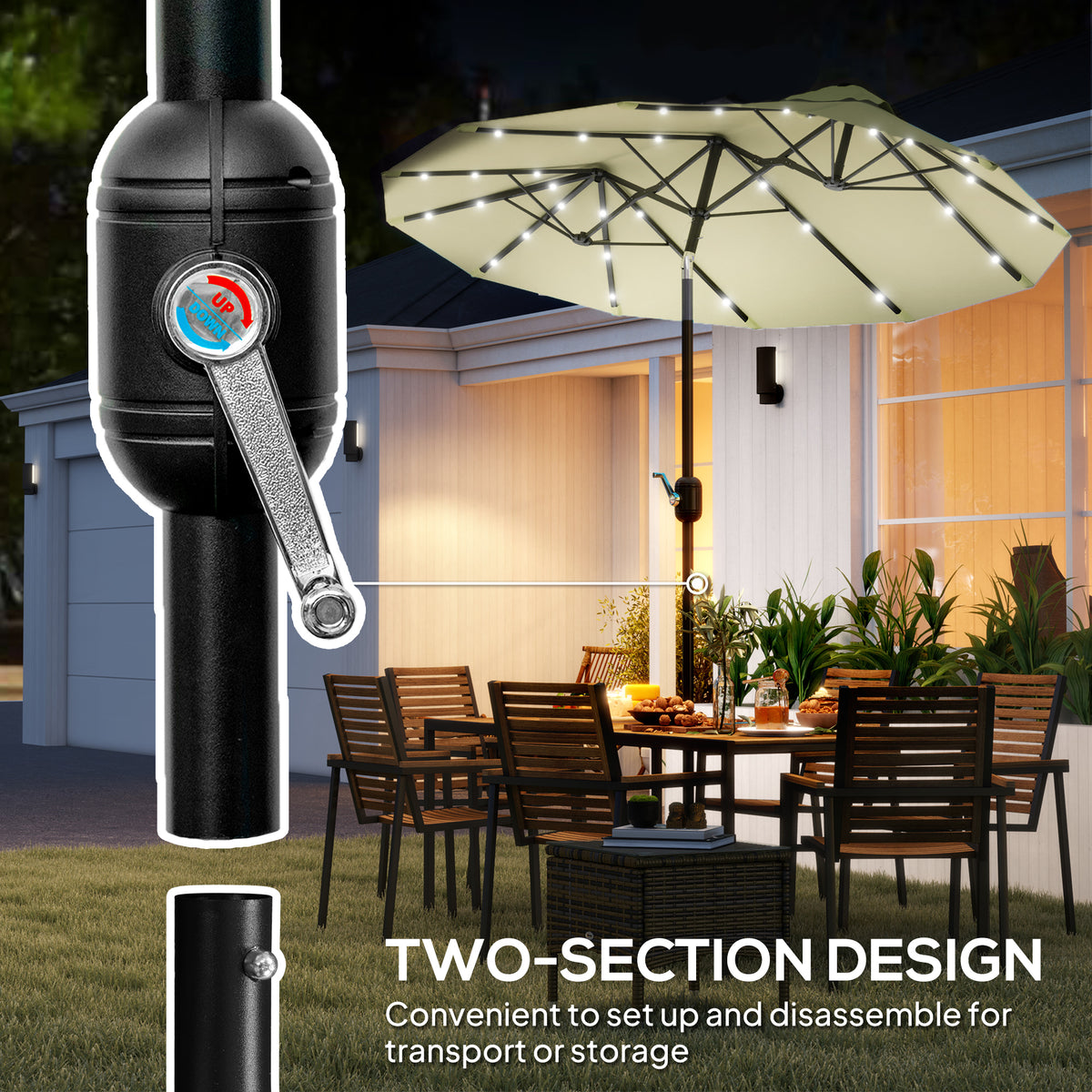Double-sided Patio Umbrella, 9.7' Outdoor Umbrella with Tilt and Crank, LED Solar Light and 12 Ribs, Cream White