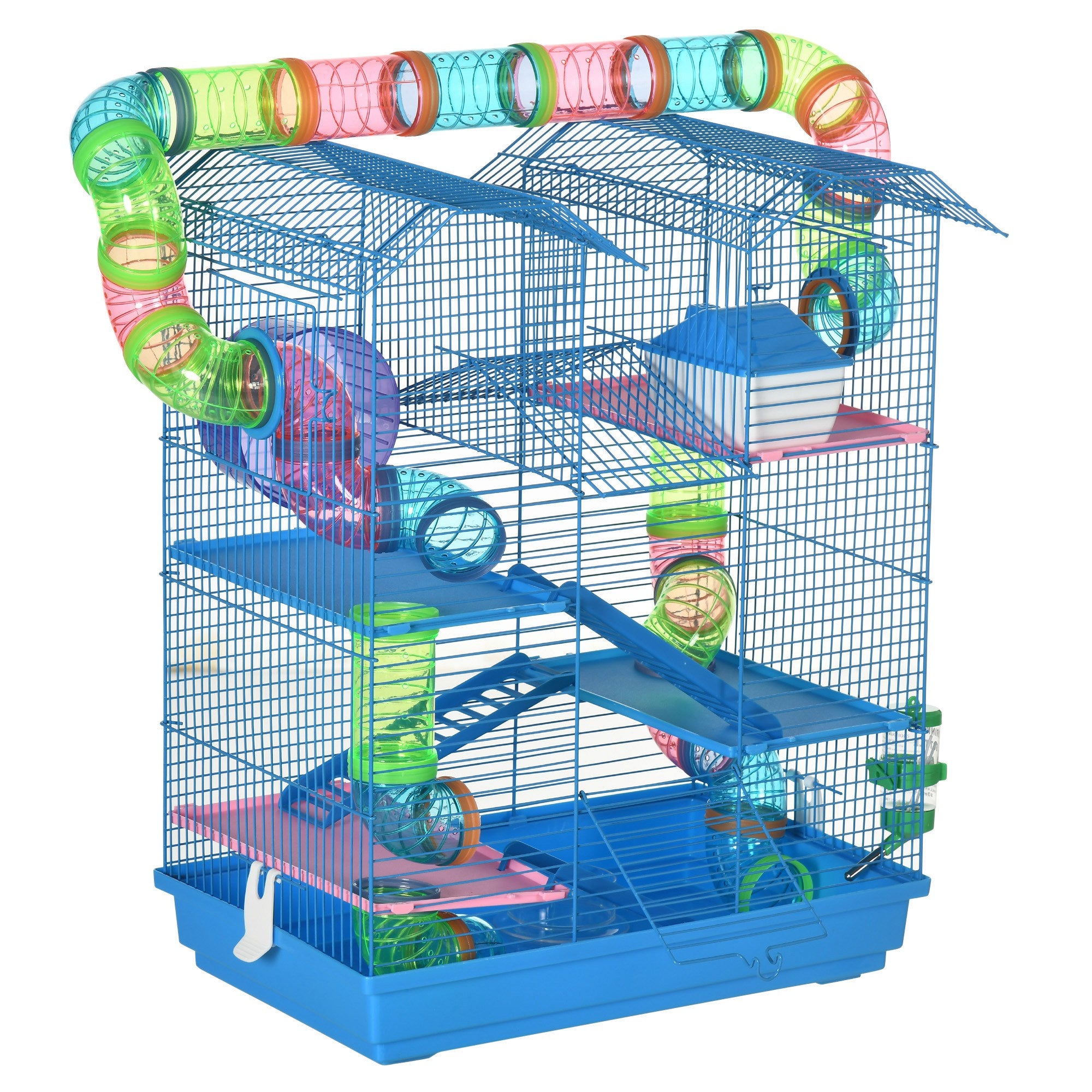 18.5" 5 Tier Hamster Cage with Tubes and Tunnels, Small Animal Cage, Rat Gerbil Cage with Water Bottle, Food Dish, Exercise Wheel, Blue