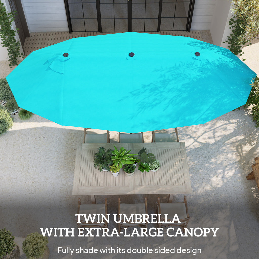 Patio Umbrella, 15' Steel Rectangular Outdoor Double Sided Market Umbrella with Base, Sun Protection & Easy Crank, Blue