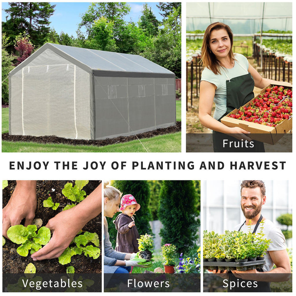 20' x 10' x 9' Walk-in Greenhouse, Outdoor Garden Warm Hot House with 6 Roll-up Windows, 2 Zippered Doors and Weather Cover, White