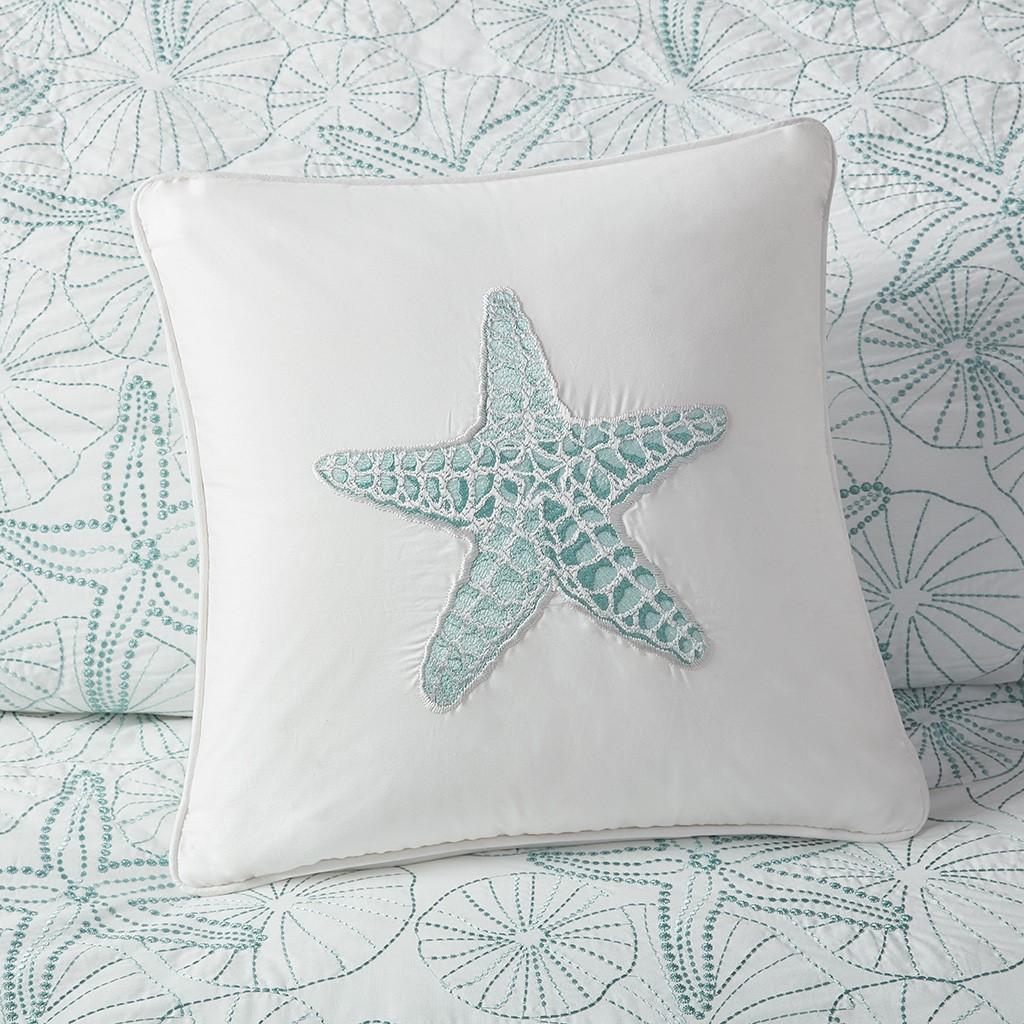 Decorative Square Pillow with 100% Cotton Cover, Starfish Embroidery, Hypoallergenic Polyester Fill, 16" L x 16" W x 5" H, White