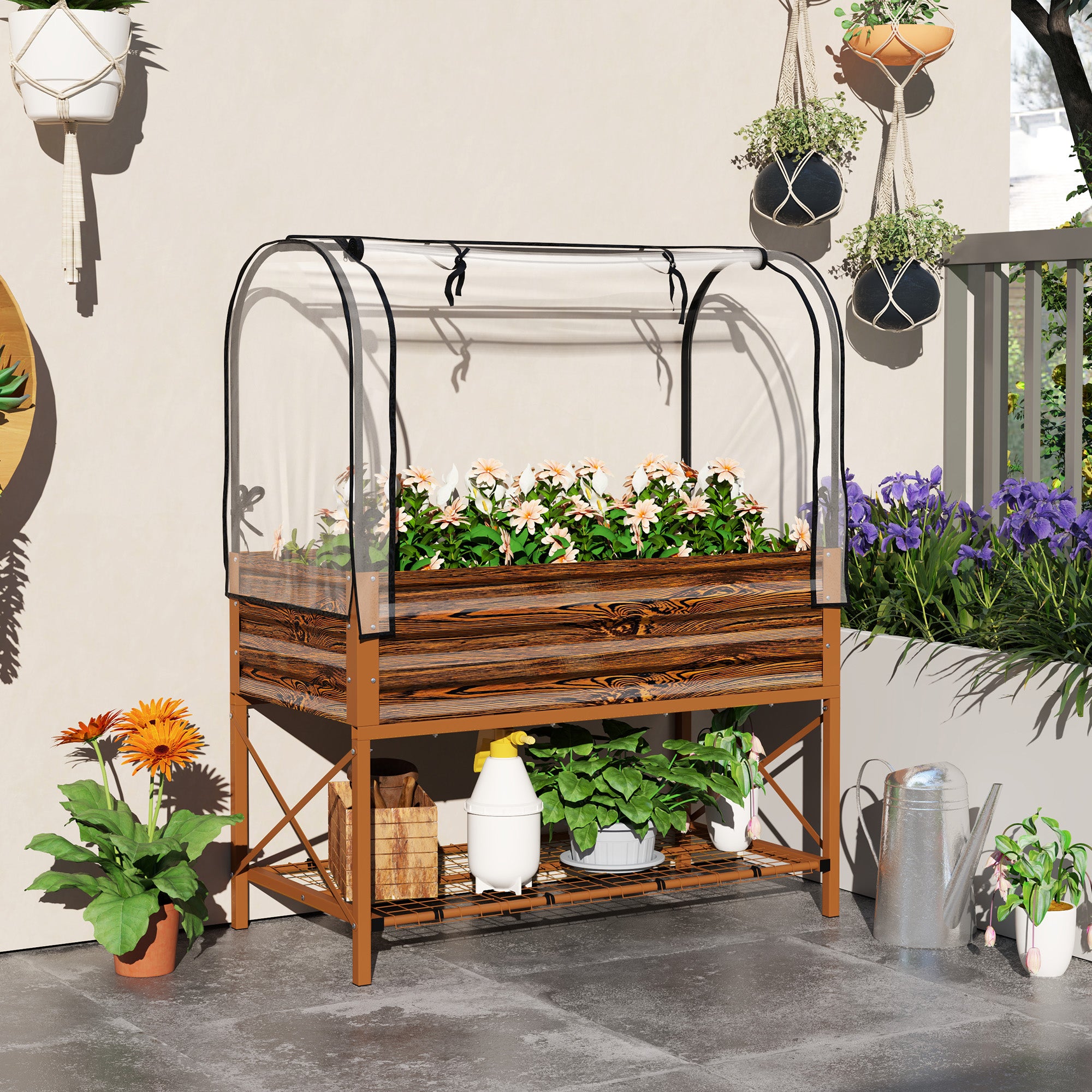 Raised Garden Bed with Legs and Cover, Metal Elevated Planter Box with Bottom Shelf and Liner for Vegetables, Brown