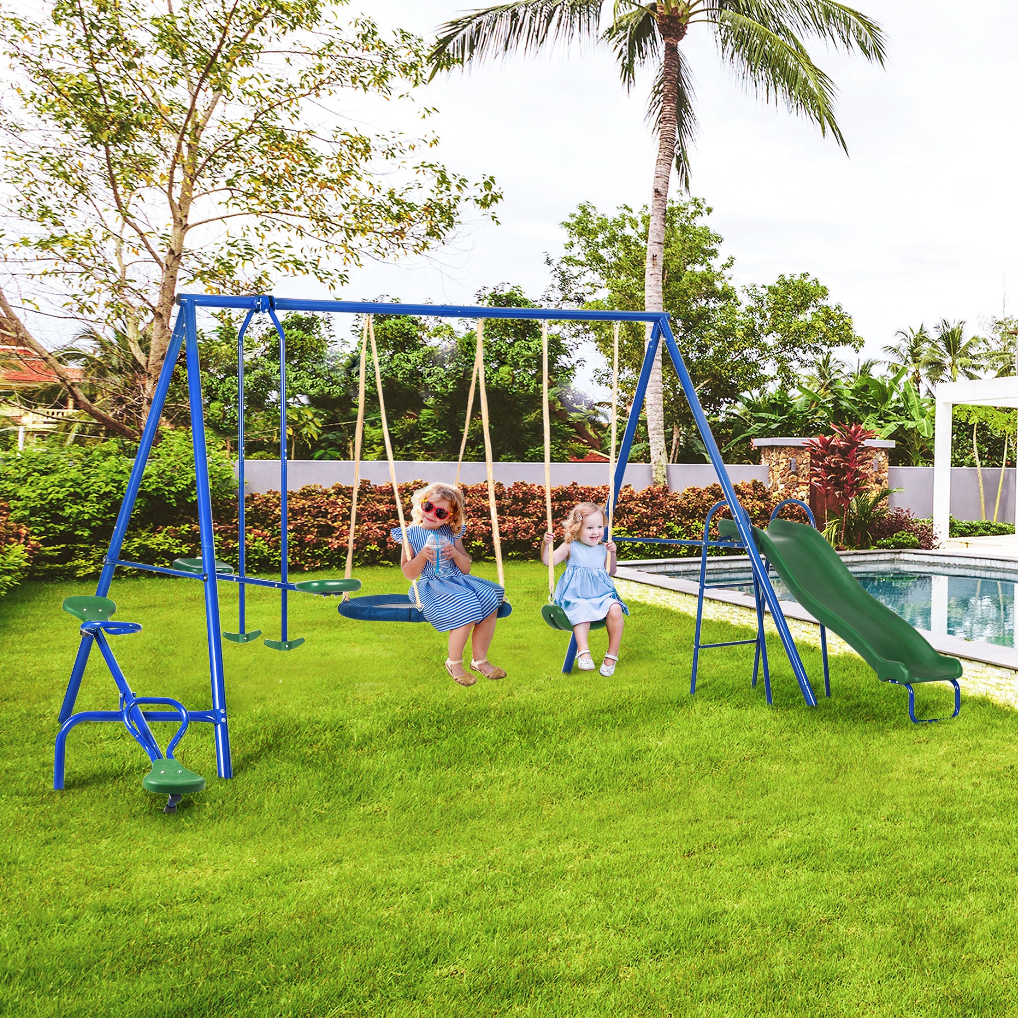 693 lbs Metal Swing Set for Kids, 5 in 1 Outdoor Playset with Heavy Duty A-Frame Stand, 29.5" Saucer Swing, Slide, Teeter-Totter, Glider, for Backyard, Blue