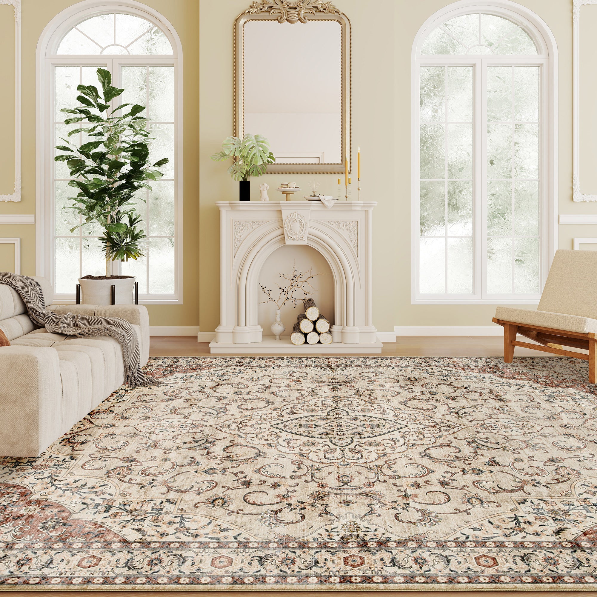 Area Rug 5x7, Machine Washable Rug, Non-Slip Classical Floral Print Floor Carpet for Living Room, Bedroom, Mixed-Brown