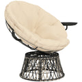 360° Swivel Outdoor Papasan Chair, 39" Overstuffed Circle Chair with Side Tray, Thick Cushion for Indoor Patio, Beige