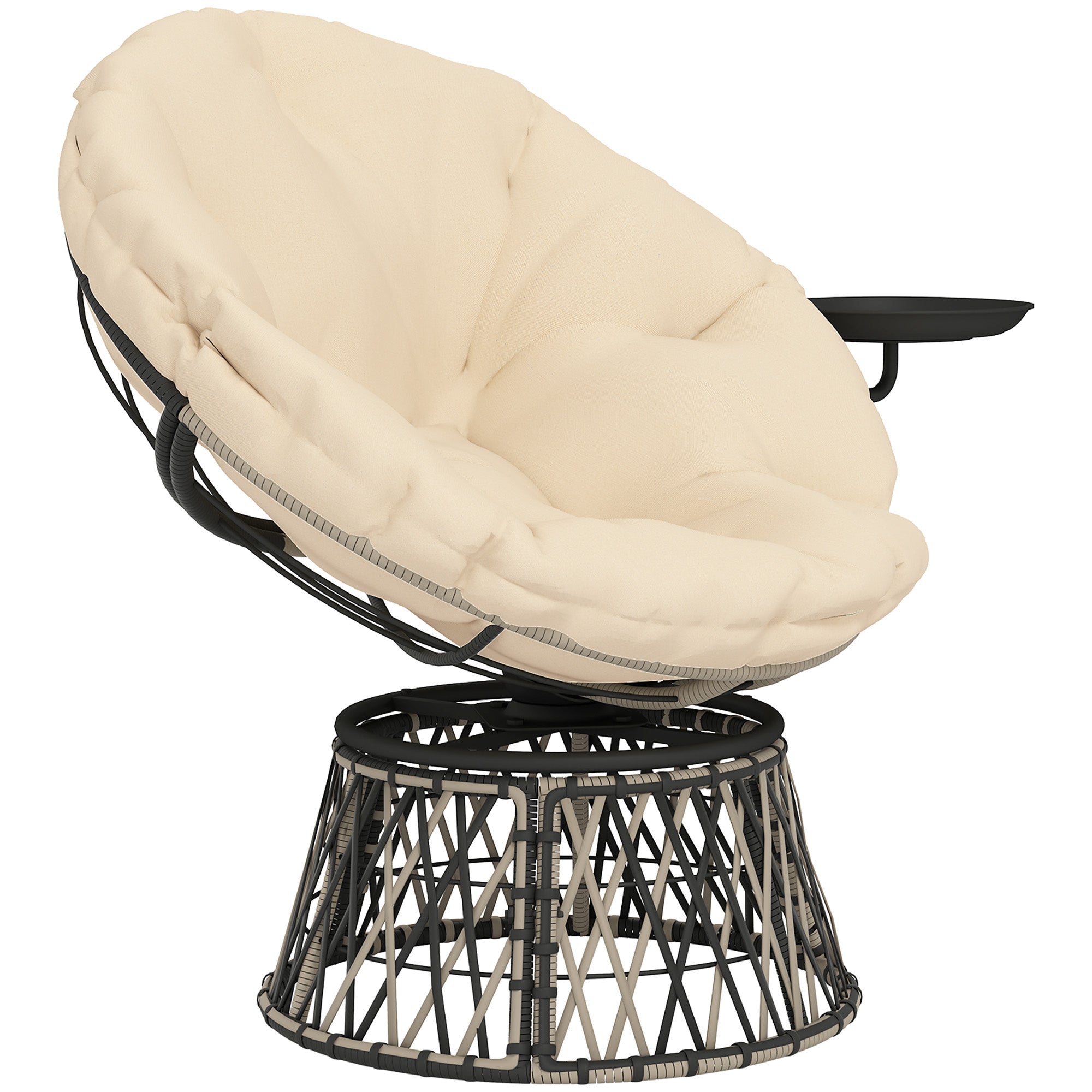 360° Swivel Outdoor Papasan Chair, 39" Overstuffed Circle Chair with Side Tray, Thick Cushion for Indoor Patio, Beige
