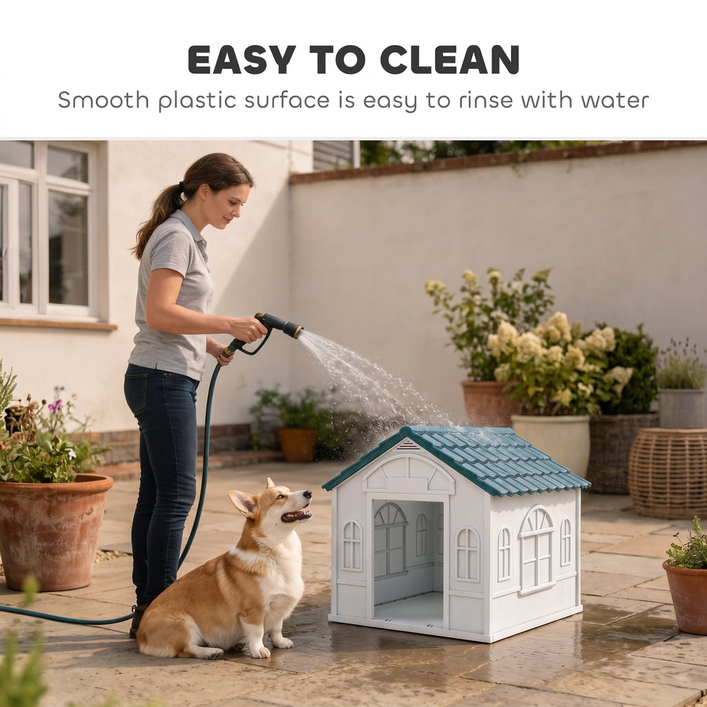 Plastic Dog House for Medium and Small Dogs, Water Resistant Puppy Shelter Indoor Outdoor with Door, Easy to Assemble, Blue