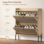Shoe Cabinet with 2 Flip Drawers, Boho Narrow Shoe Storage Cabinet, Oak