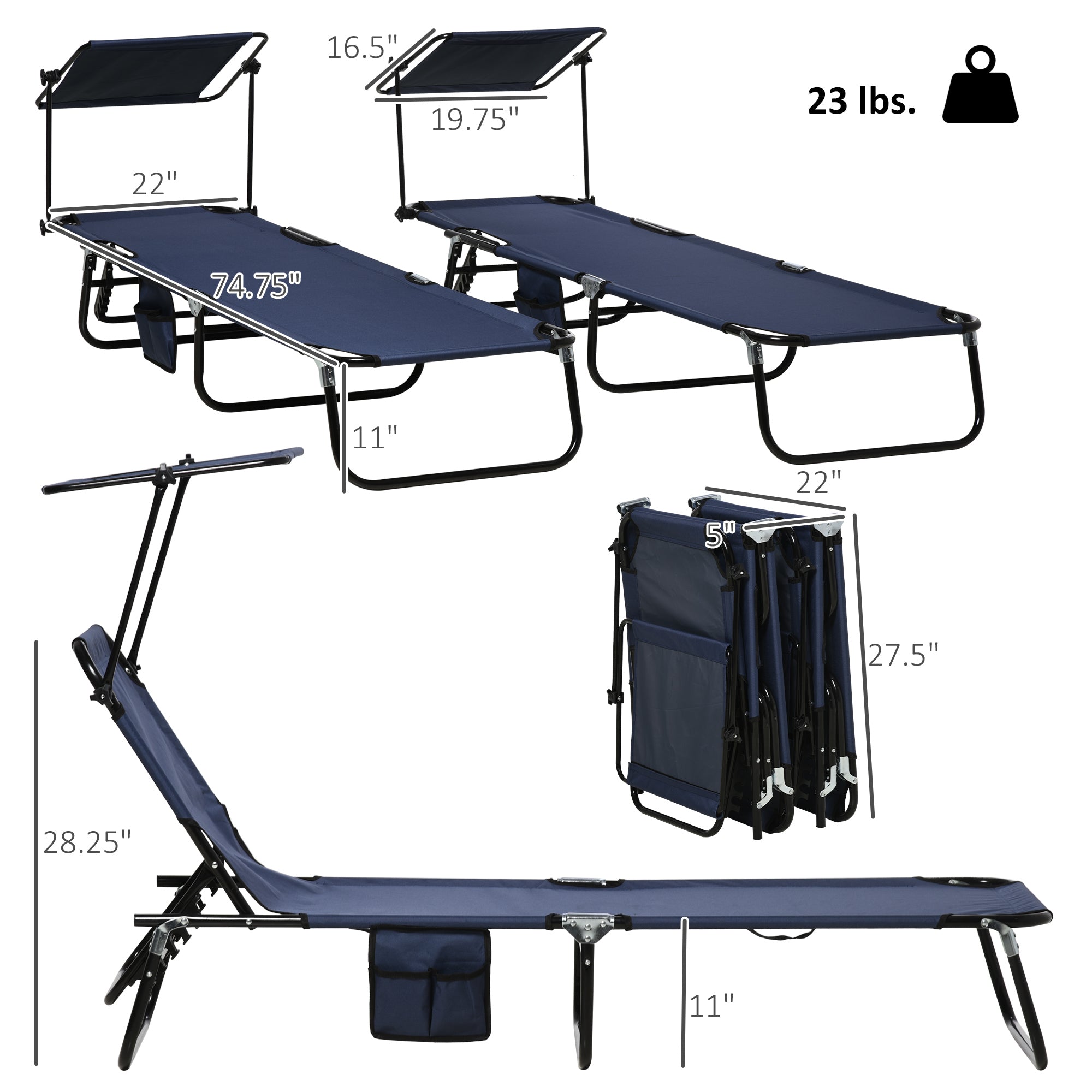 Chaise Lounge Pool Lounge Chairs Set of 2,Outdoor Sun Tanning Chairs,Reclining Back,Steel Frame and Side Pocket,Blue